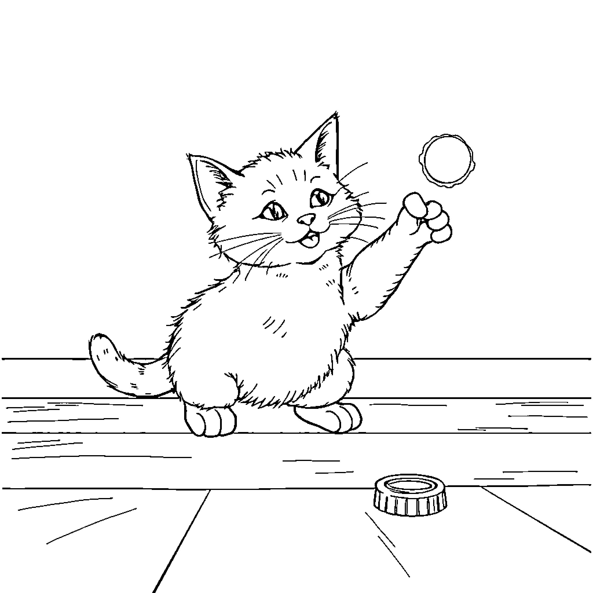 Cat playing with a ball on the floor Coloring Page (free black-and-white line drawing printable PDF for all, from beginners to advanced learners, including children, teens, adults, and seniors)