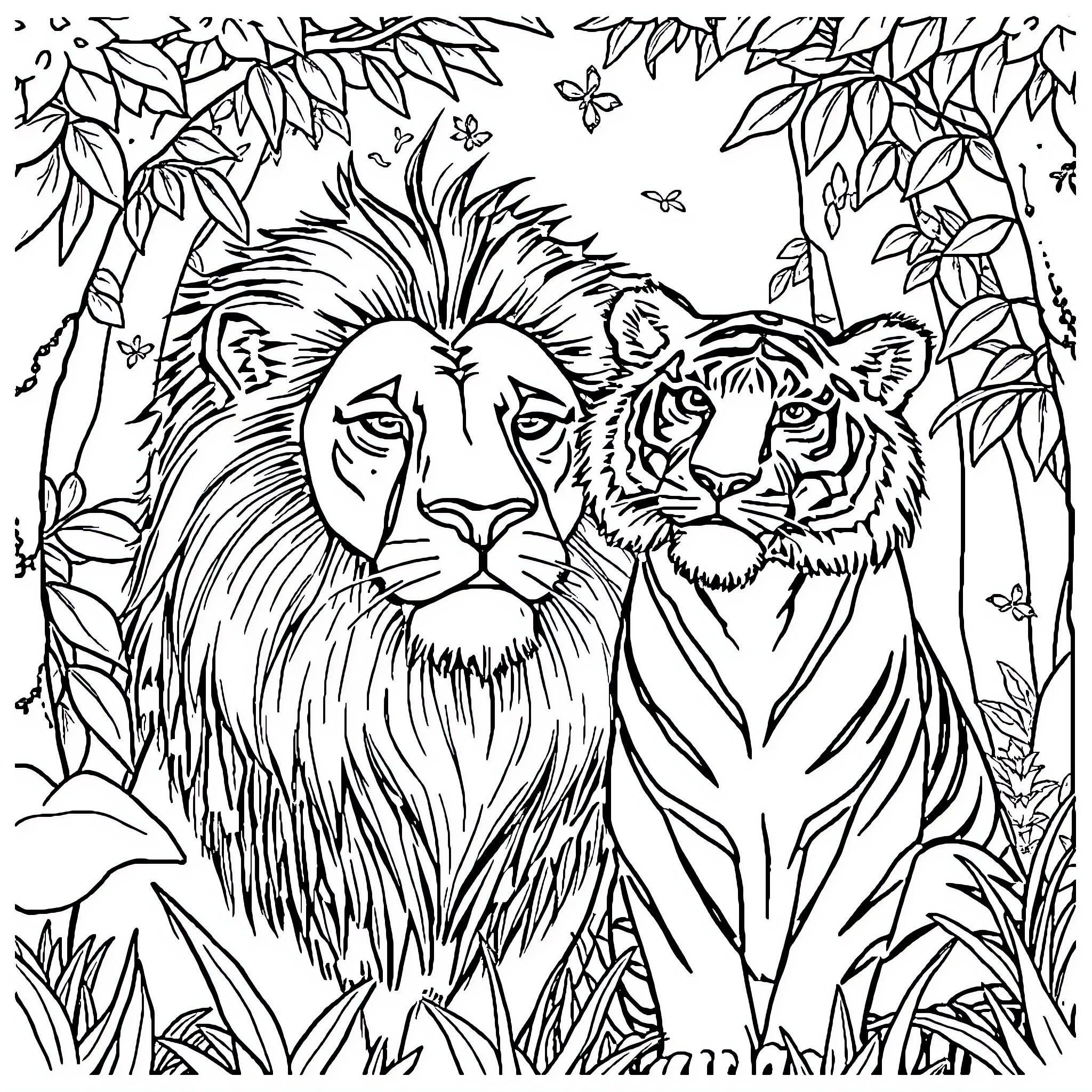 Leon and Tiger in the Jungle Coloring Page (free black-and-white line drawing printable PDF for all, from beginners to advanced learners, including children, teens, adults, and seniors)