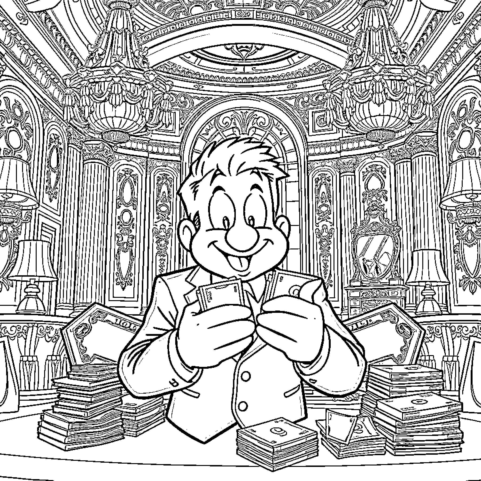 Kenny McCormick's Cozy Library Adventure Coloring Page (free black-and-white line drawing printable PDF for all, from beginners to advanced learners, including children, teens, adults, and seniors)