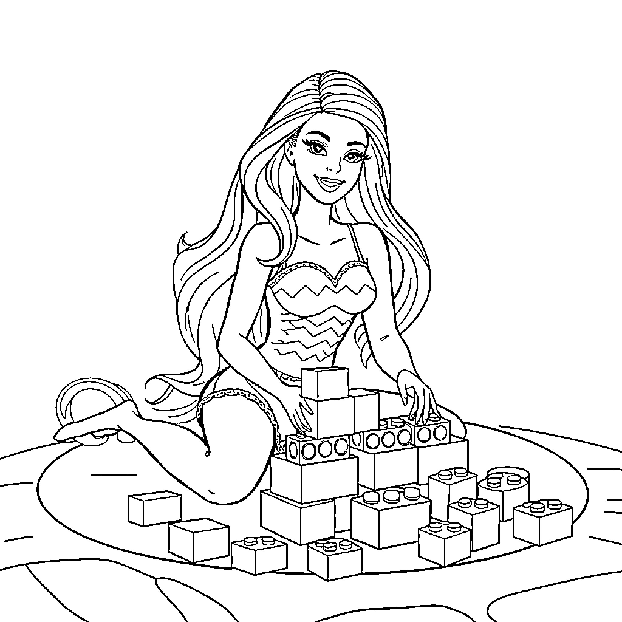 Barbie Playing with Building Blocks Coloring Page (free black-and-white line drawing printable PDF for all, from beginners to advanced learners, including children, teens, adults, and seniors)