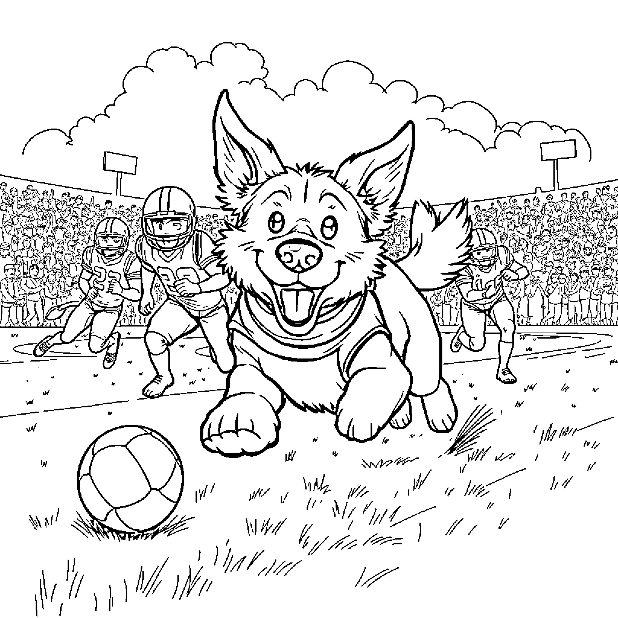 Dog cheering on players at a football game Coloring Page (free black-and-white line drawing printable PDF for all, from beginners to advanced learners, including children, teens, adults, and seniors)