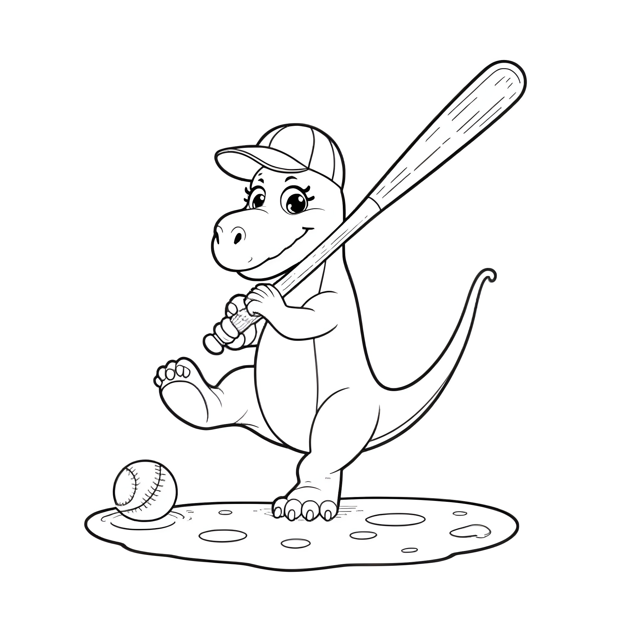 Dinosaur baseball player hitting ball on field Coloring Page (free black-and-white line drawing printable PDF for all, from beginners to advanced learners, including children, teens, adults, and seniors)