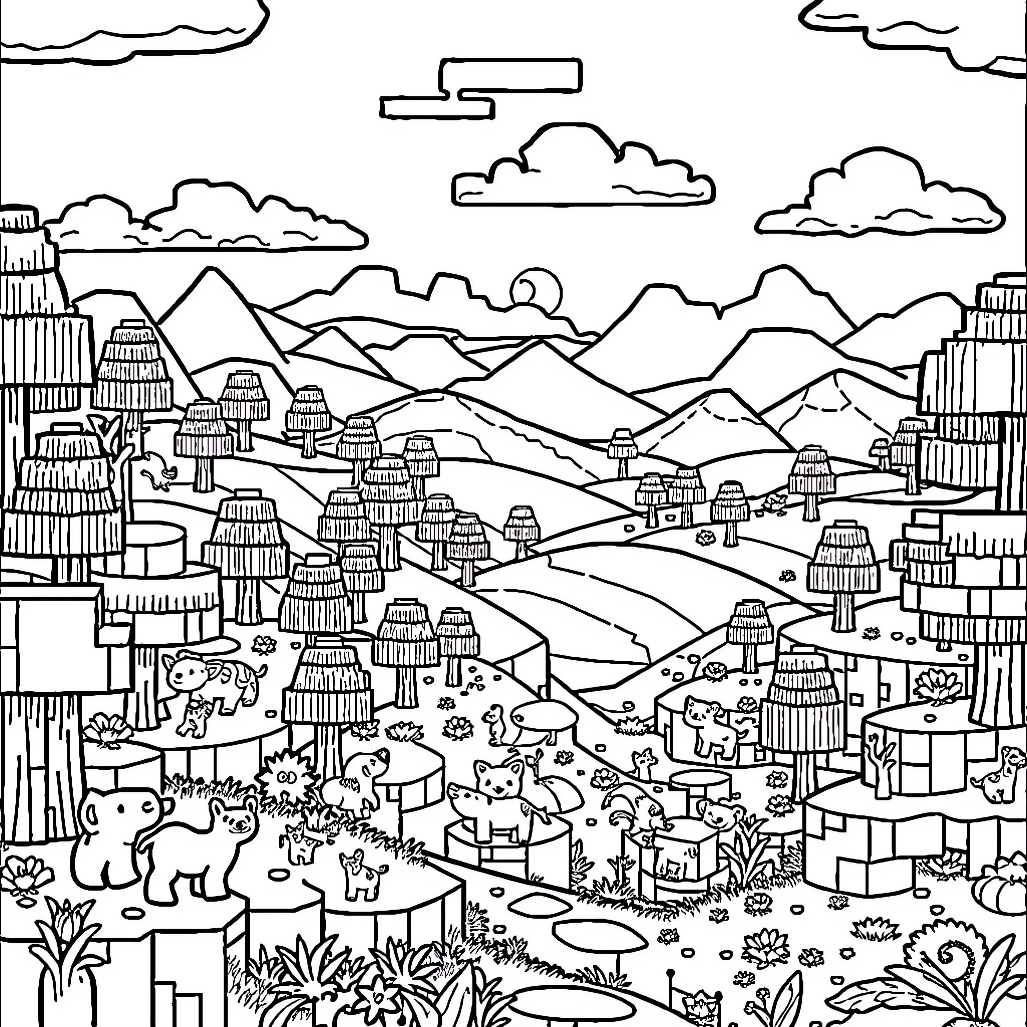 Minecraft Landscape with Diverse Structures and Wildlife Coloring Page (free black-and-white line drawing printable PDF for all, from beginners to advanced learners, including children, teens, adults, and seniors)