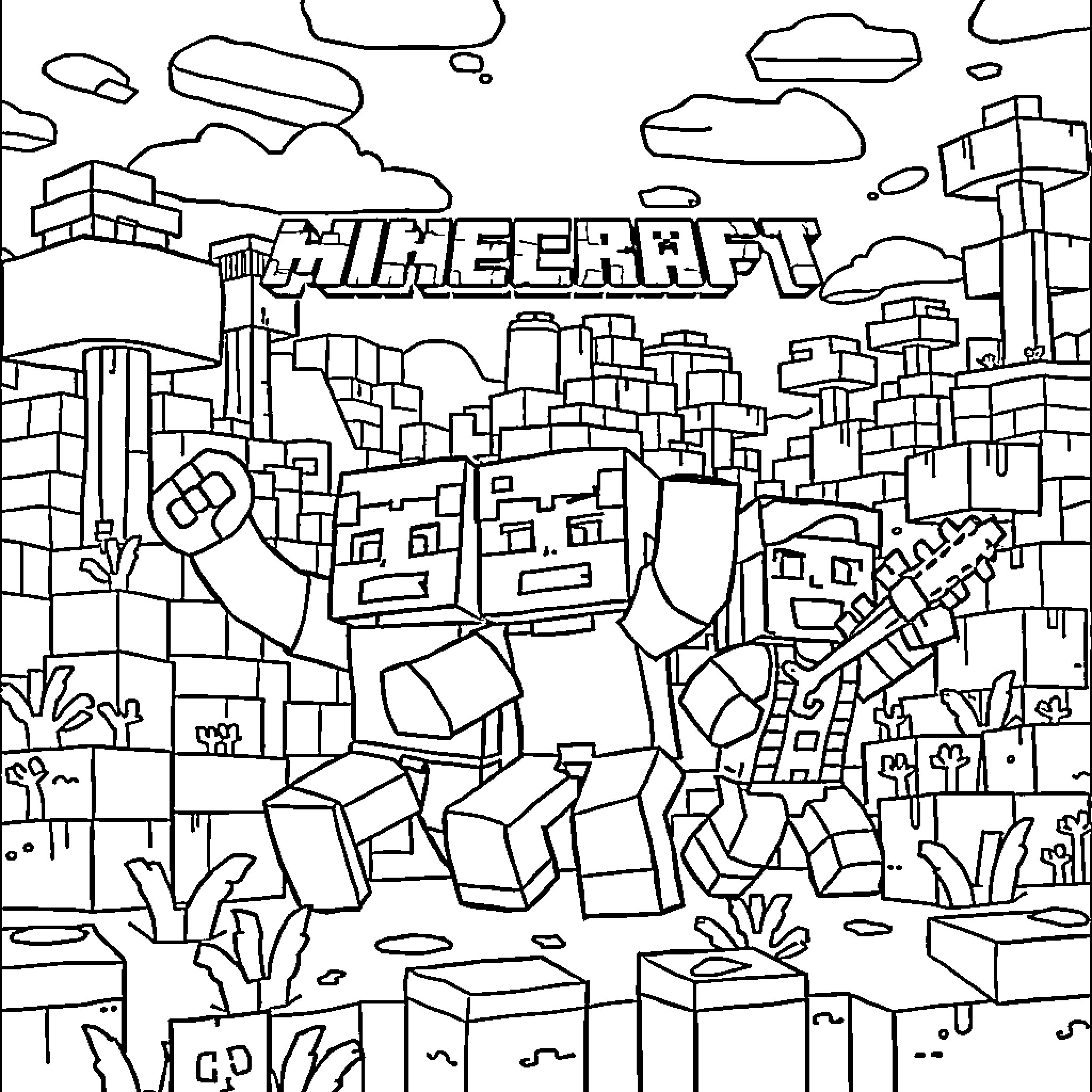 Minecraft Character exploring a blocky landscape Coloring Page (free black-and-white line drawing printable PDF for all, from beginners to advanced learners, including children, teens, adults, and seniors)