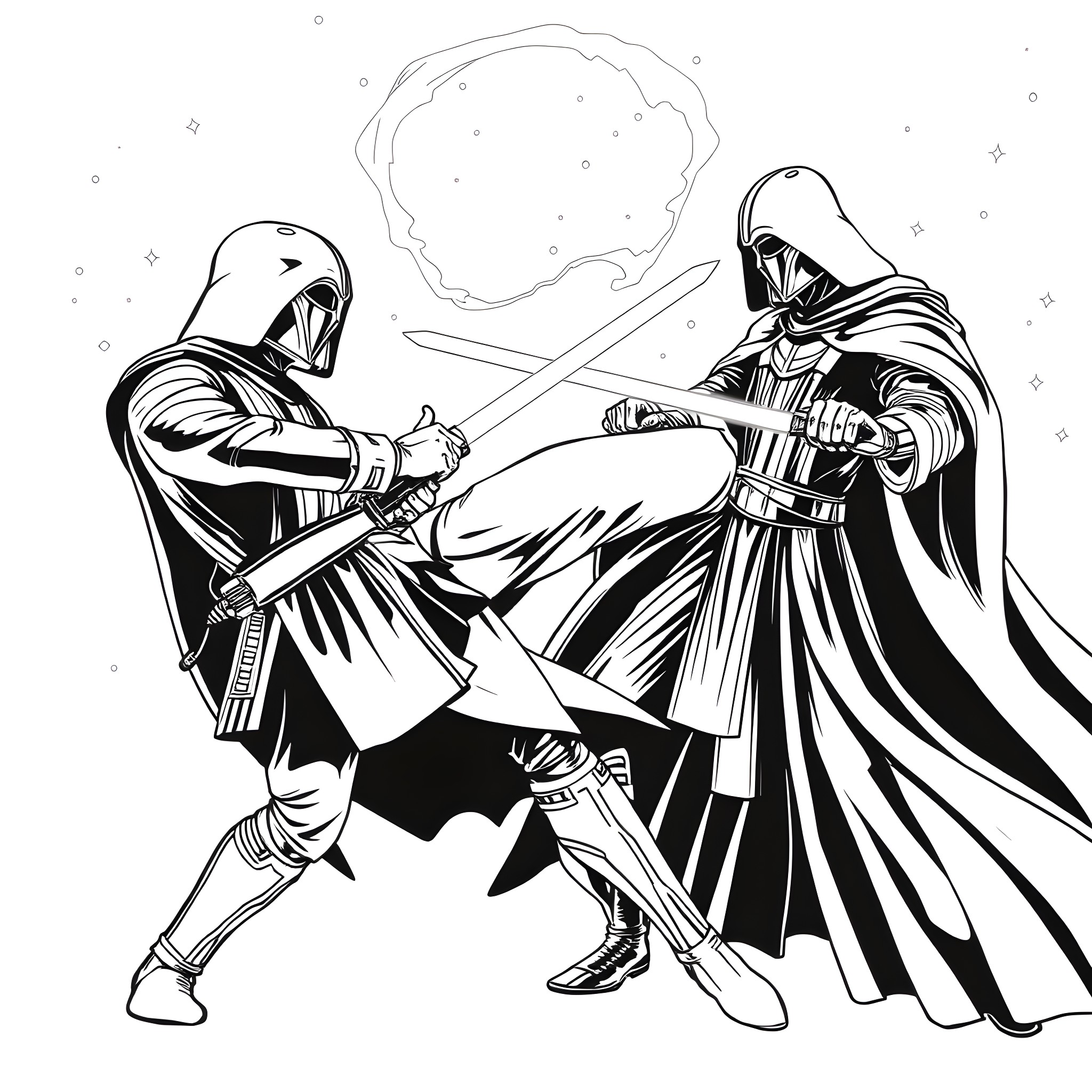 Darth Revan: Jedi Knights in Duel Coloring Page (free black-and-white line drawing printable PDF for all, from beginners to advanced learners, including children, teens, adults, and seniors)
