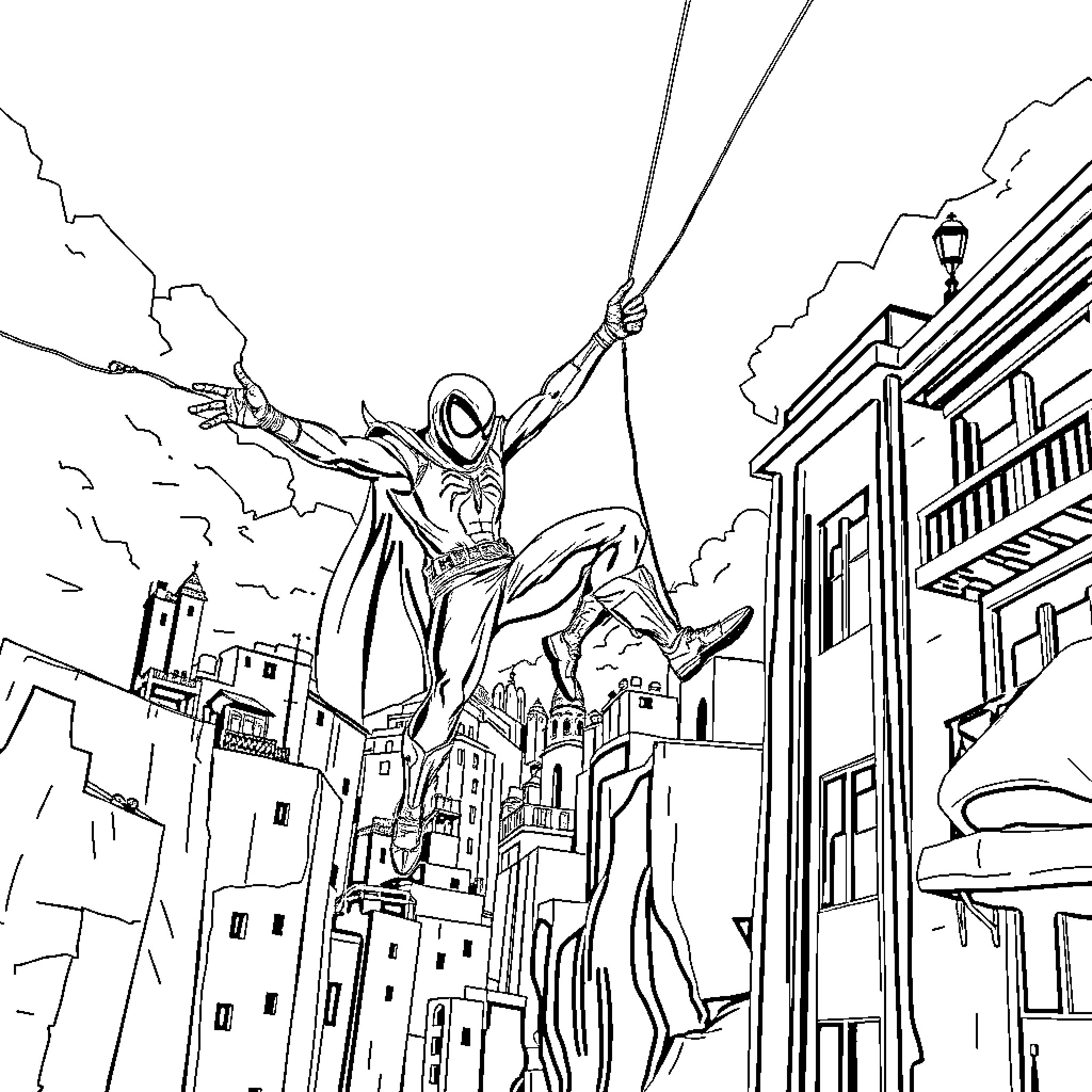 Spider-Man swinging through the city skyline Coloring Page (free black-and-white line drawing printable PDF for all, from beginners to advanced learners, including children, teens, adults, and seniors)