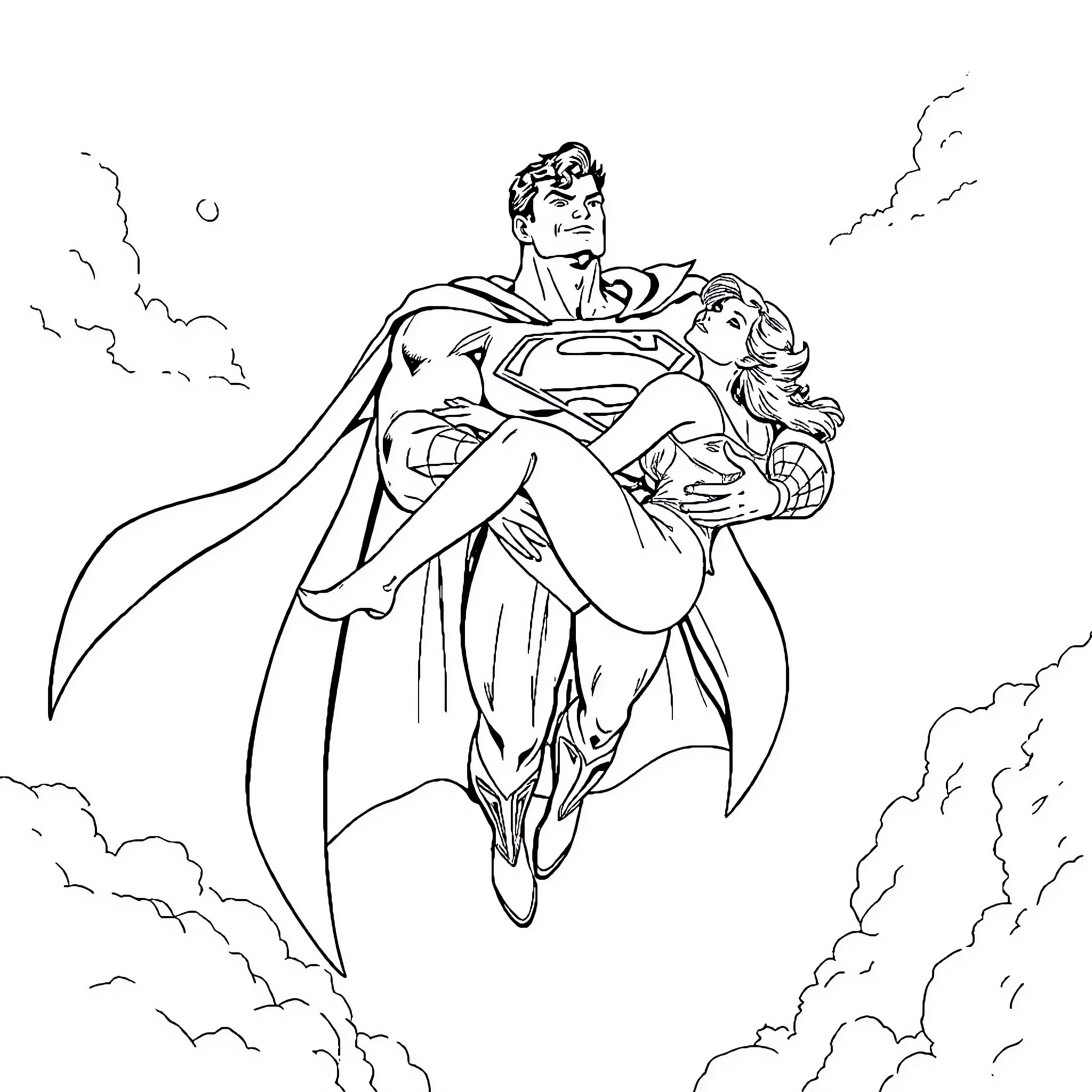 Superman rescuing a woman in distress Coloring Page (free black-and-white line drawing printable PDF for all, from beginners to advanced learners, including children, teens, adults, and seniors)