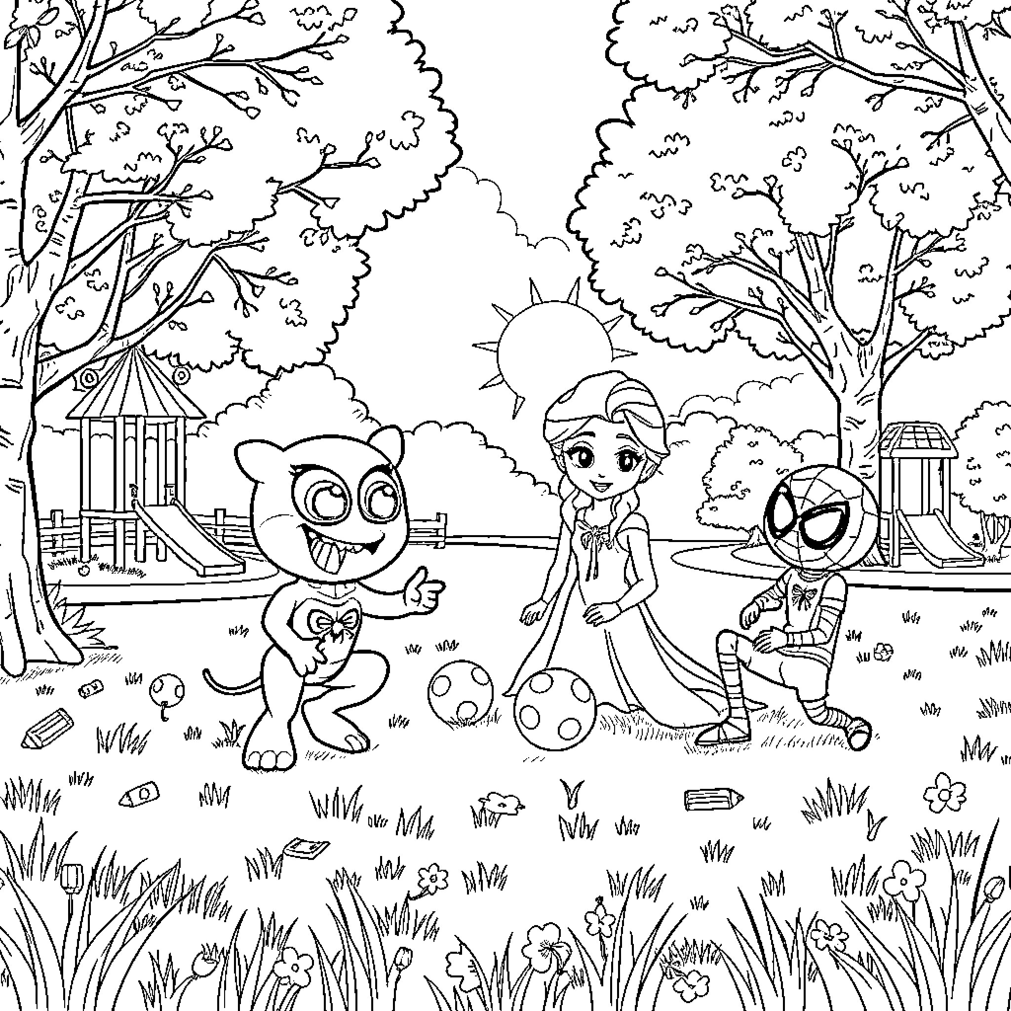 Character playing with creatures in a nature scene Coloring Page (free black-and-white line drawing printable PDF for all, from beginners to advanced learners, including children, teens, adults, and seniors)