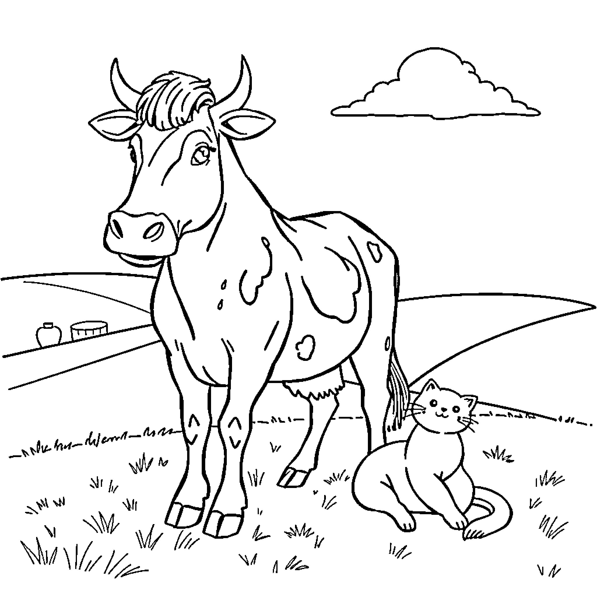 Rooster-like cow grazing in a field Coloring Page (free black-and-white line drawing printable PDF for all, from beginners to advanced learners, including children, teens, adults, and seniors)