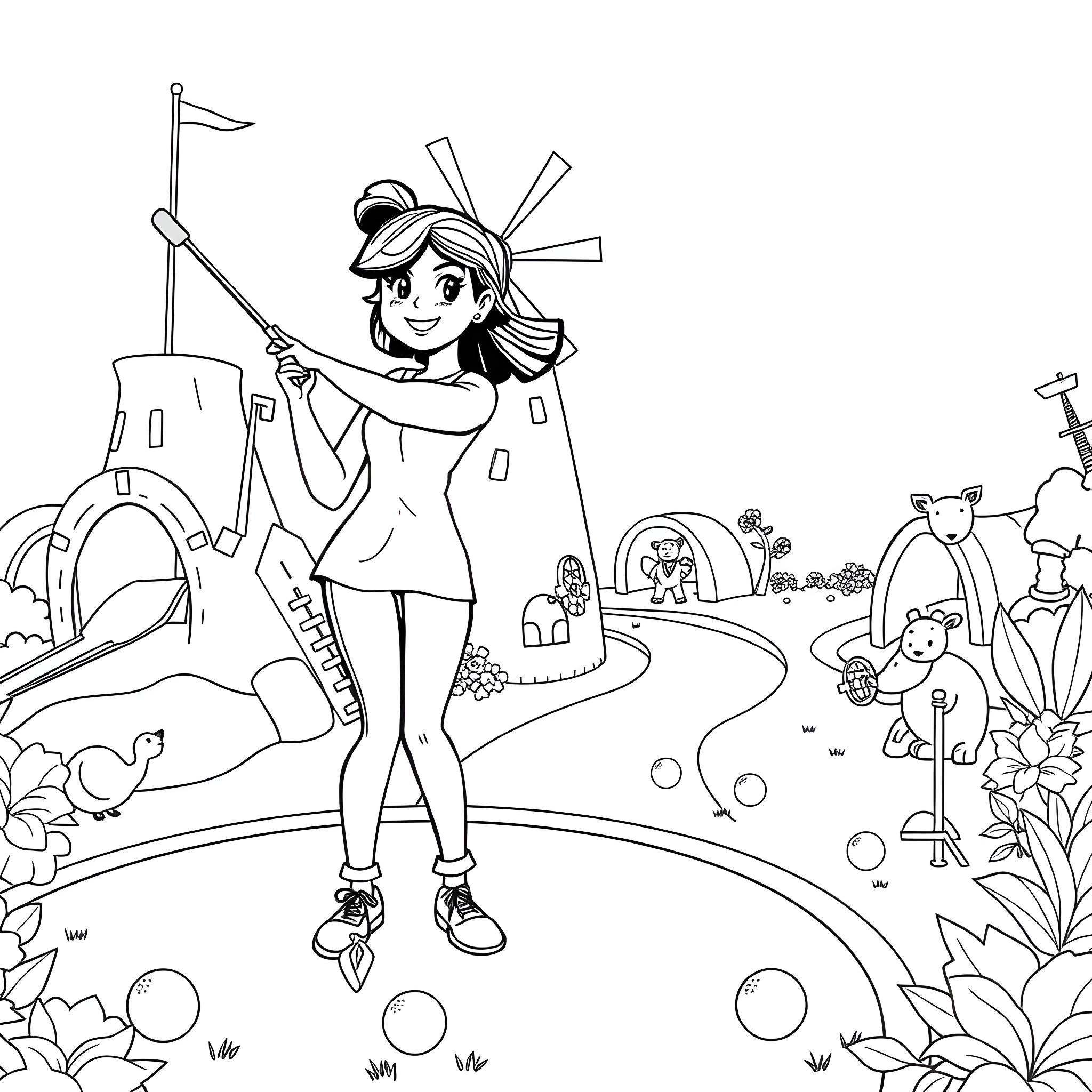 Mini Golf Girl in Fun Outdoor Adventure Coloring Page (free black-and-white line drawing printable PDF for all, from beginners to advanced learners, including children, teens, adults, and seniors)