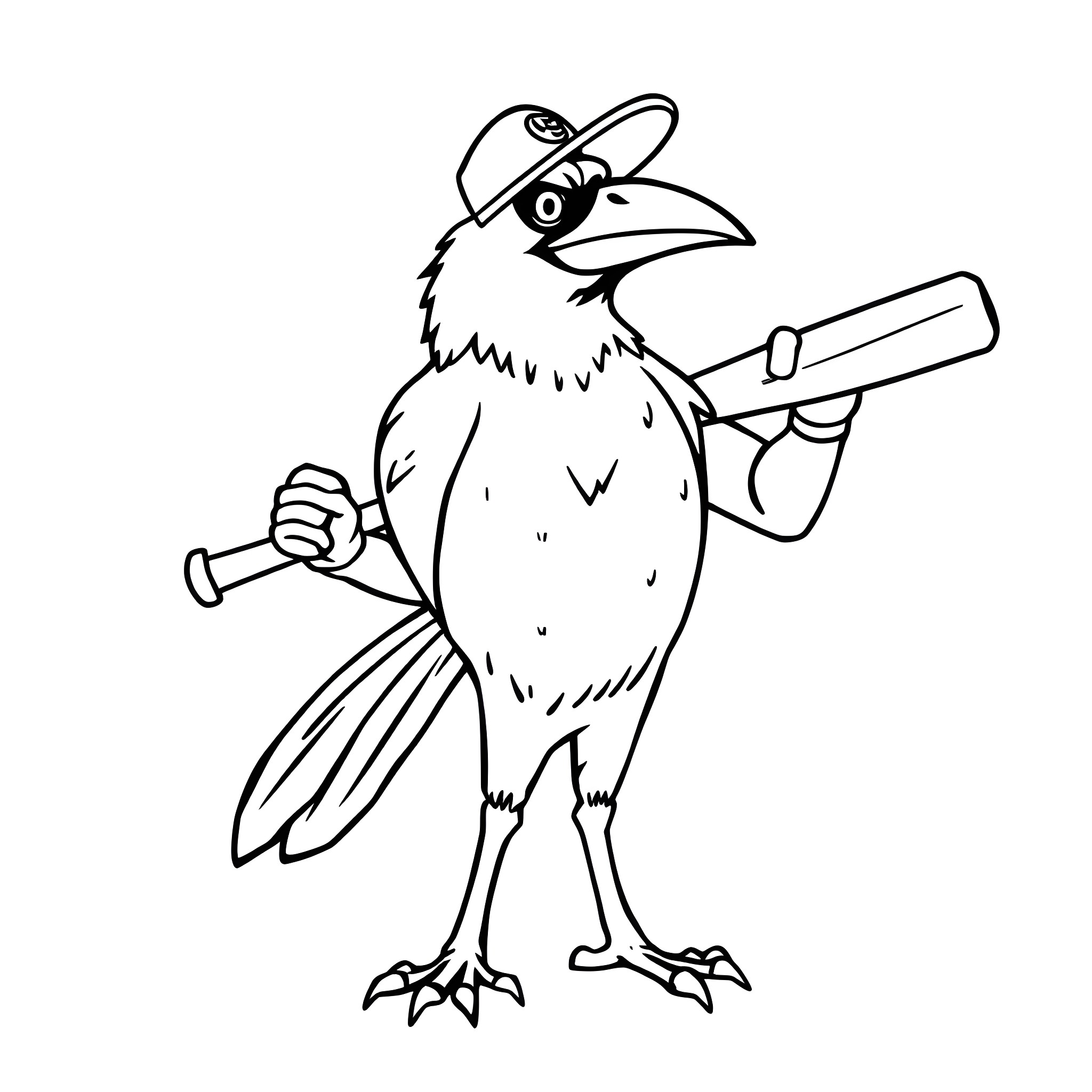 Crow holding baseball bats Coloring Page (free black-and-white line drawing printable PDF for all, from beginners to advanced learners, including children, teens, adults, and seniors)