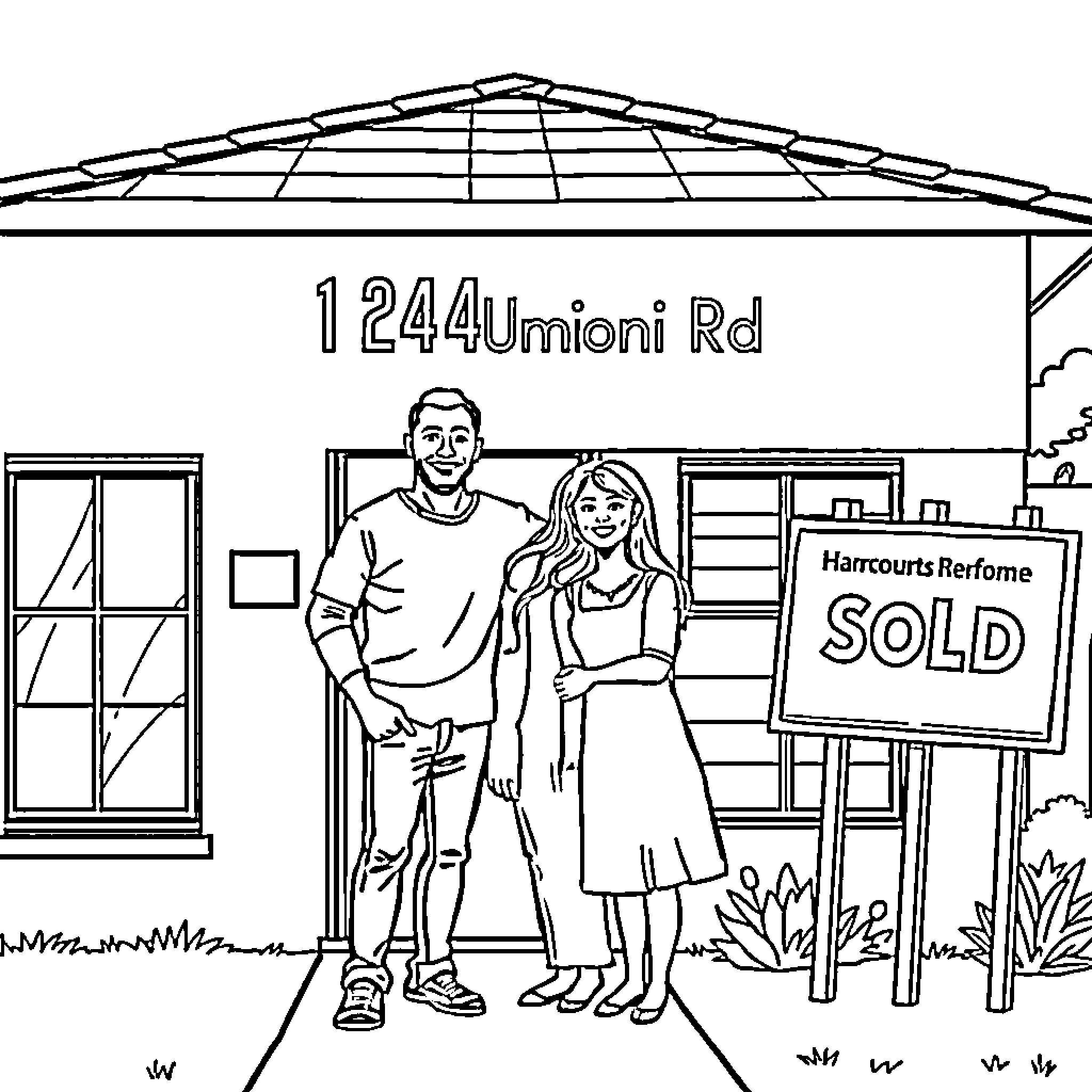 Family Celebrating Purchase of New Home Coloring Page (free black-and-white line drawing printable PDF for all, from beginners to advanced learners, including children, teens, adults, and seniors)