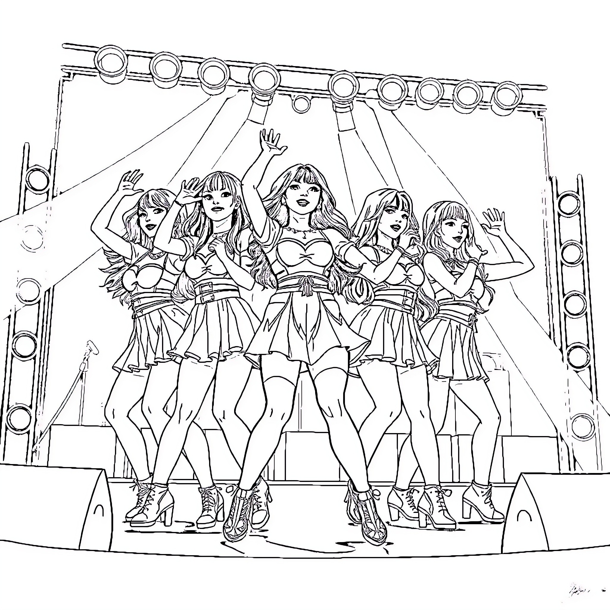 K-pop Girl Group Performing on Stage with Energetic Outfits Coloring Page (free black-and-white line drawing printable PDF for all, from beginners to advanced learners, including children, teens, adults, and seniors)