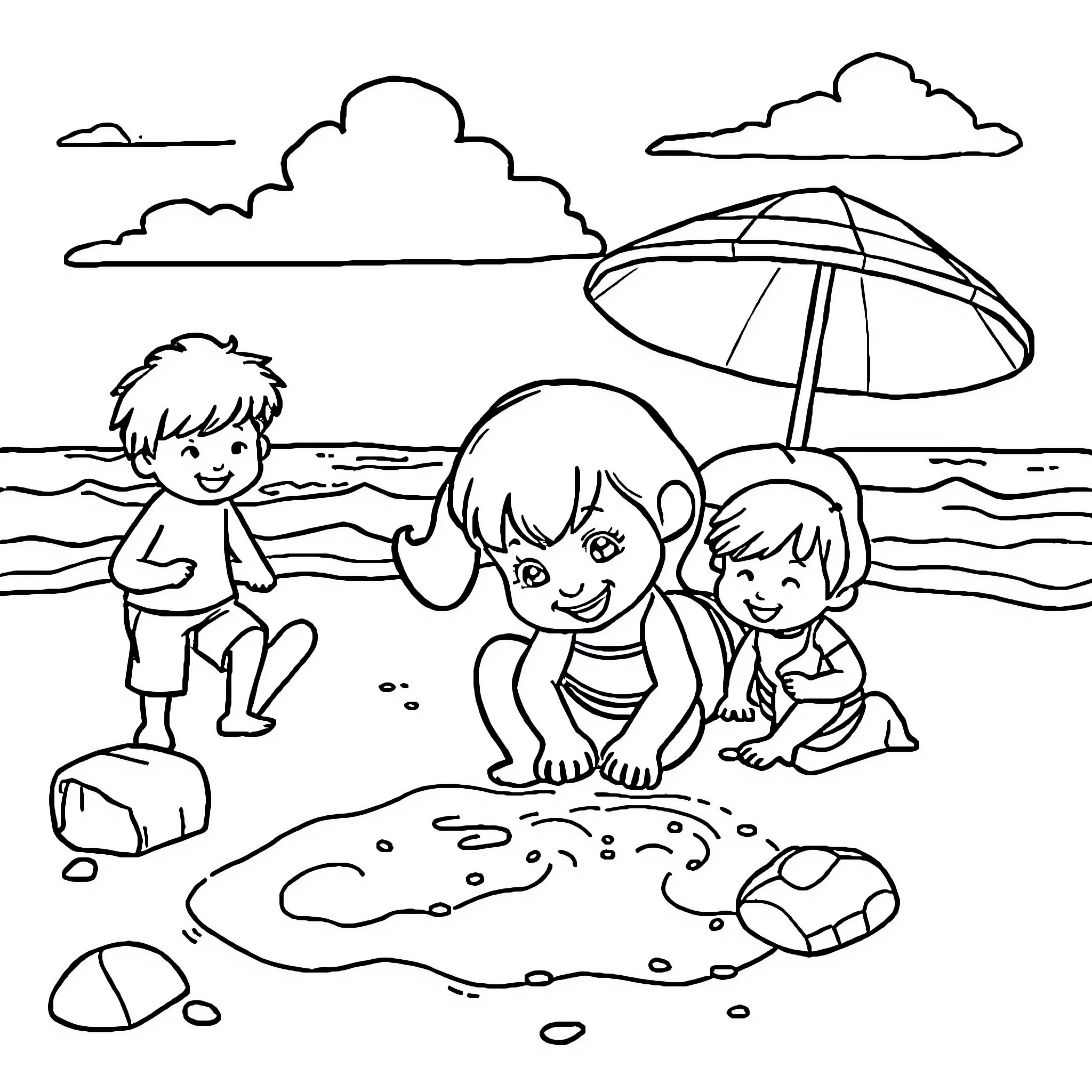 Bluey's Fun-Filled Beach Day Coloring Page (free black-and-white line drawing printable PDF for all, from beginners to advanced learners, including children, teens, adults, and seniors)