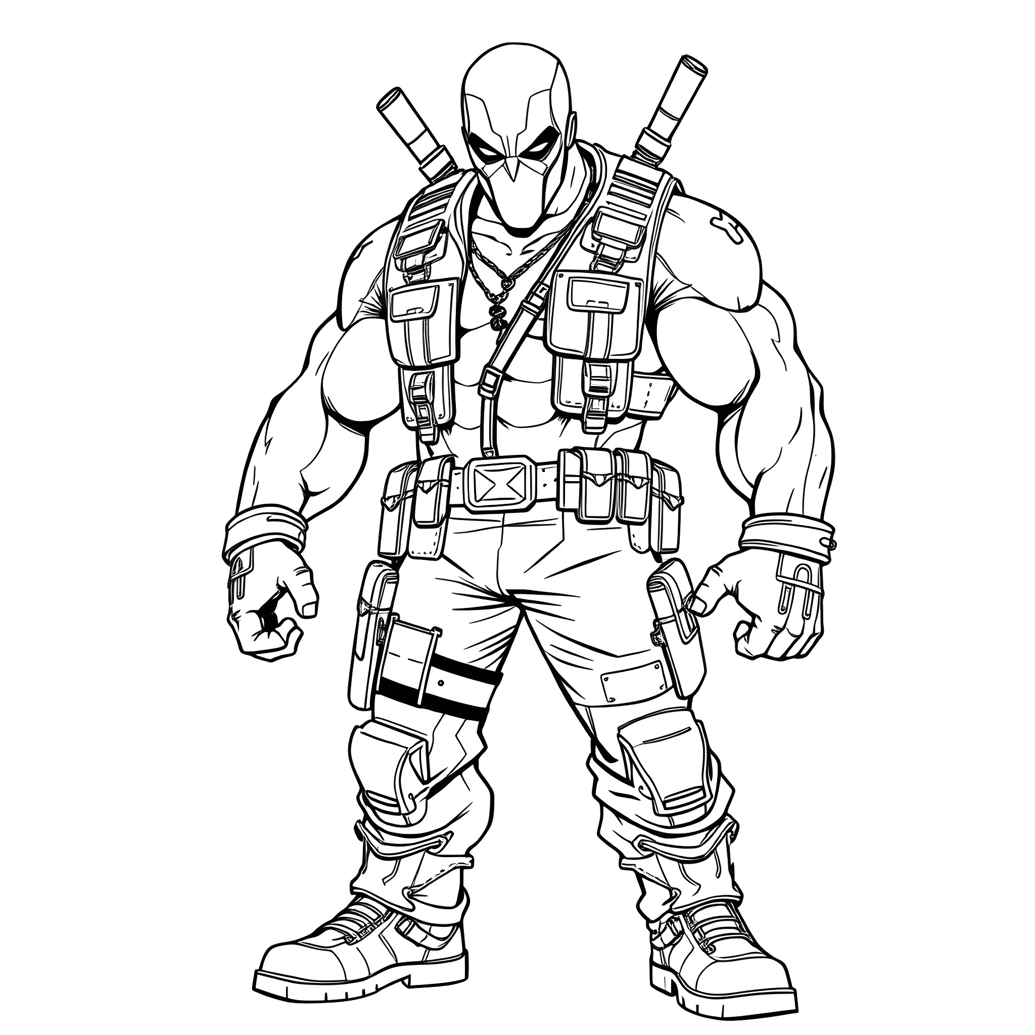 Hulk-like superhero in tactical gear and weaponry Coloring Page (free black-and-white line drawing printable PDF for all, from beginners to advanced learners, including children, teens, adults, and seniors)