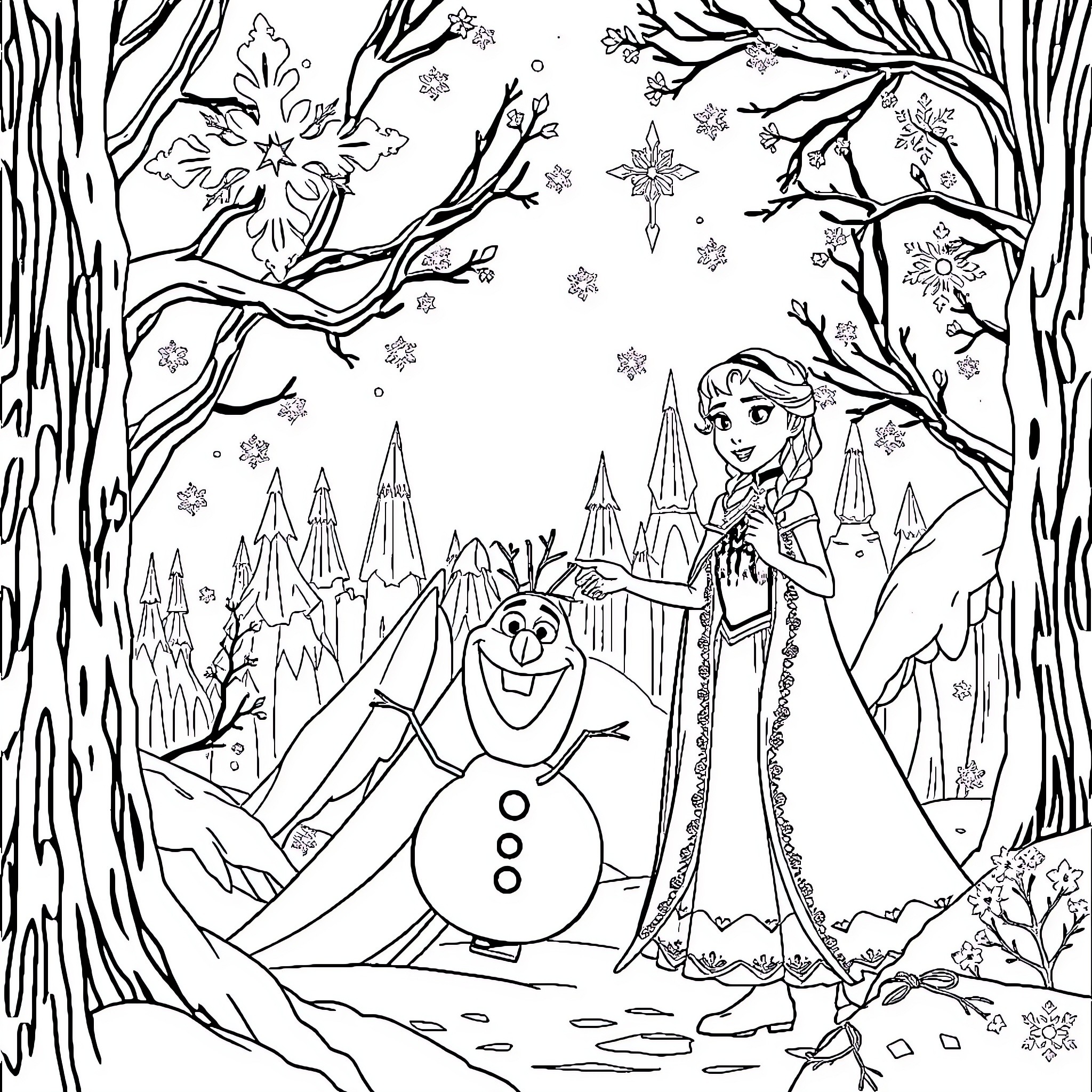 Frozen winter wonderland with characters and snowflakes Coloring Page (free black-and-white line drawing printable PDF for all, from beginners to advanced learners, including children, teens, adults, and seniors)