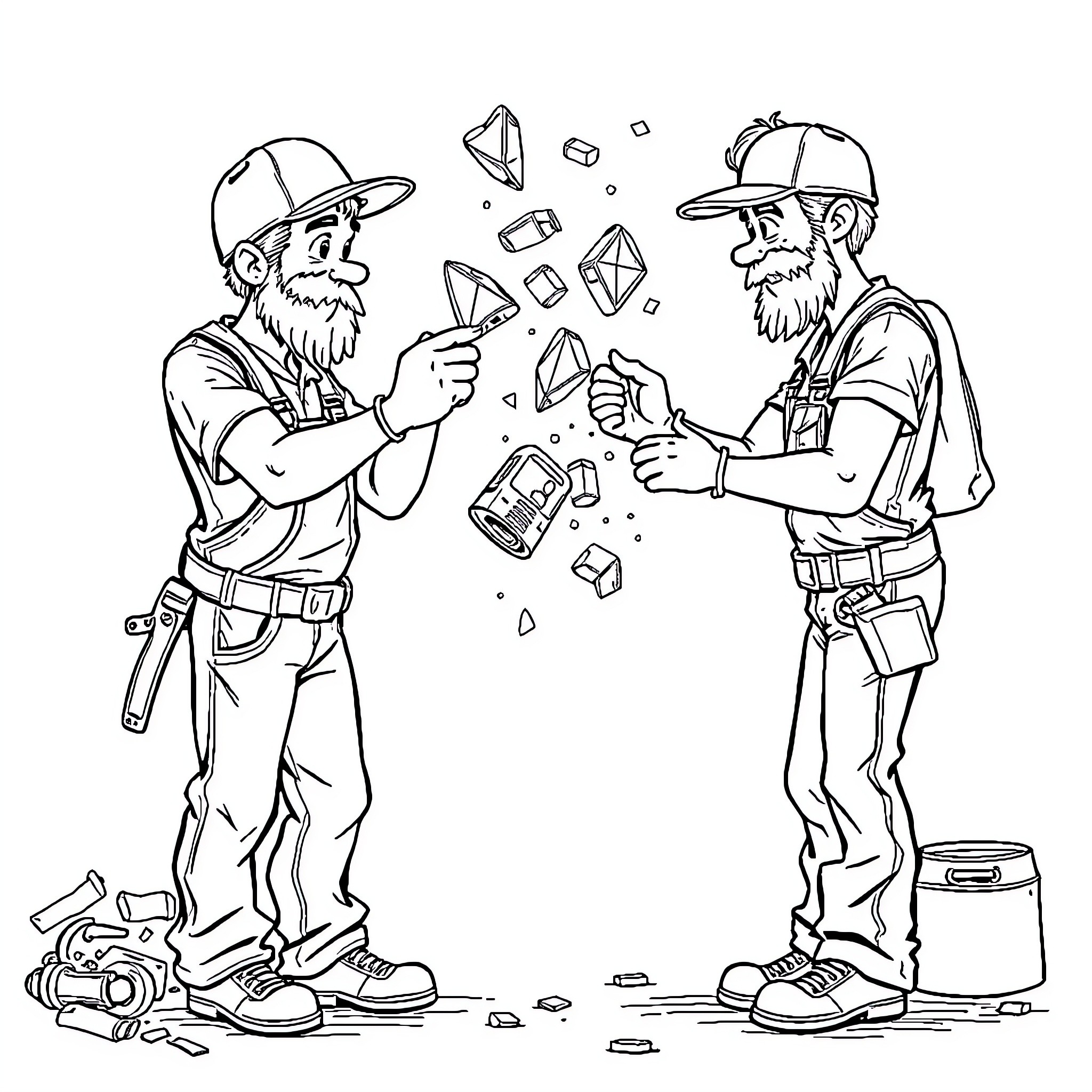 Handymen repairing and examining construction materials Coloring Page (free black-and-white line drawing printable PDF for all, from beginners to advanced learners, including children, teens, adults, and seniors)