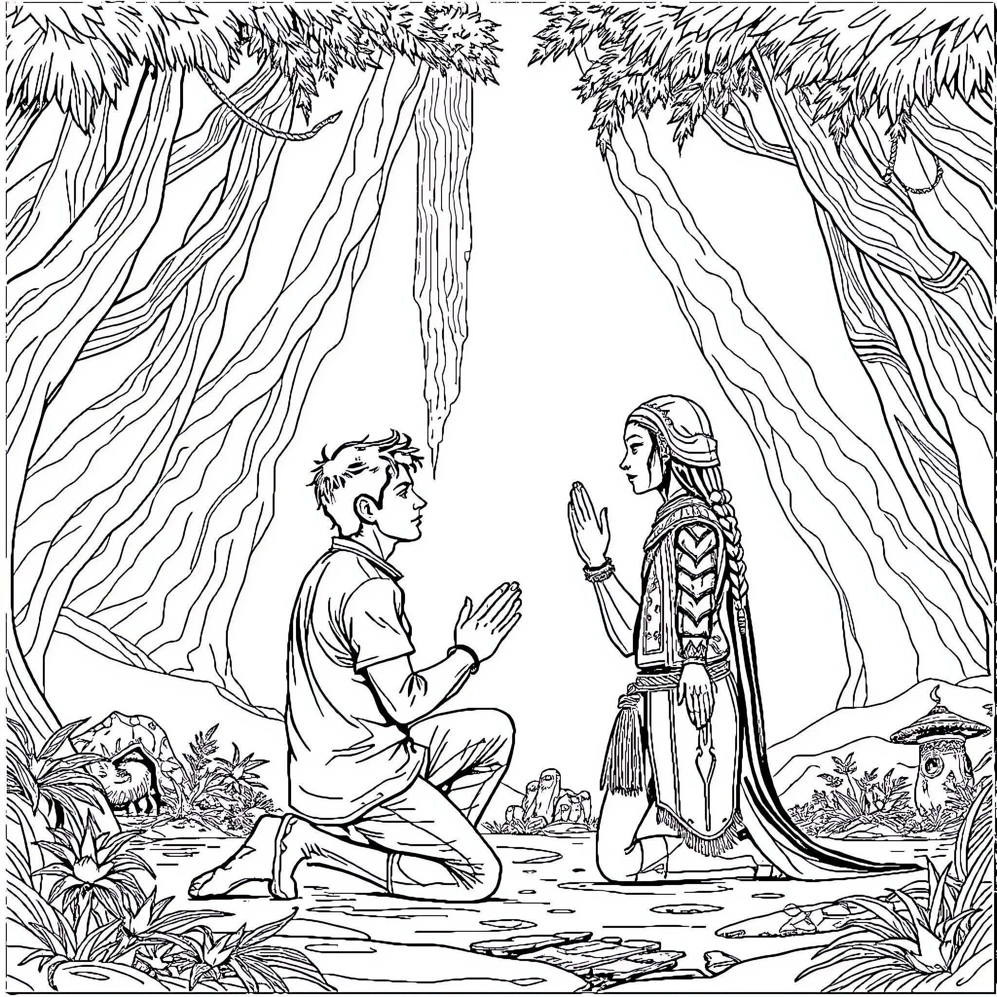 Jake Sully interacts with a mysterious figure in the forest Coloring Page (free black-and-white line drawing printable PDF for all, from beginners to advanced learners, including children, teens, adults, and seniors)