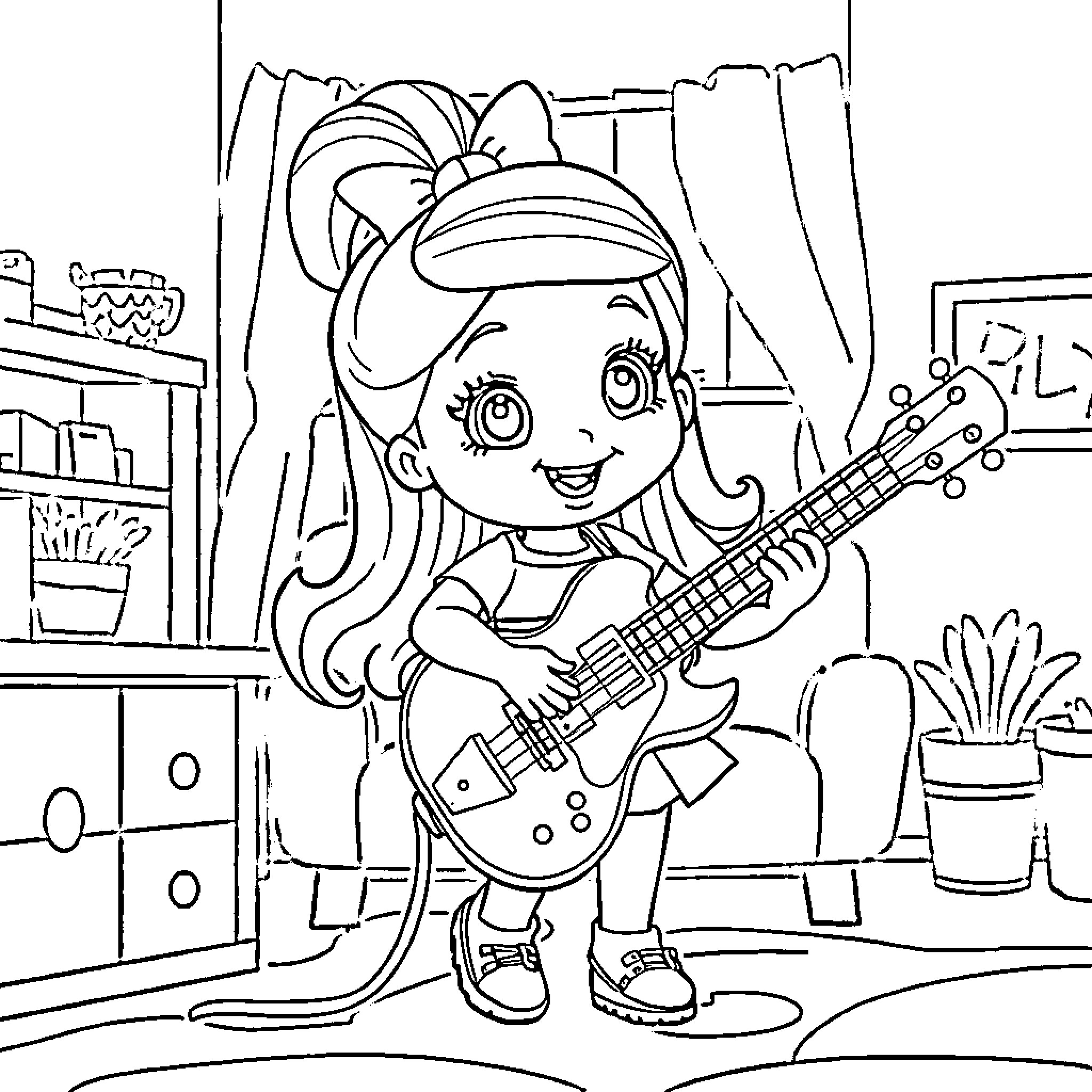 Dollhouse girl playing guitar in bedroom Coloring Page (free black-and-white line drawing printable PDF for all, from beginners to advanced learners, including children, teens, adults, and seniors)