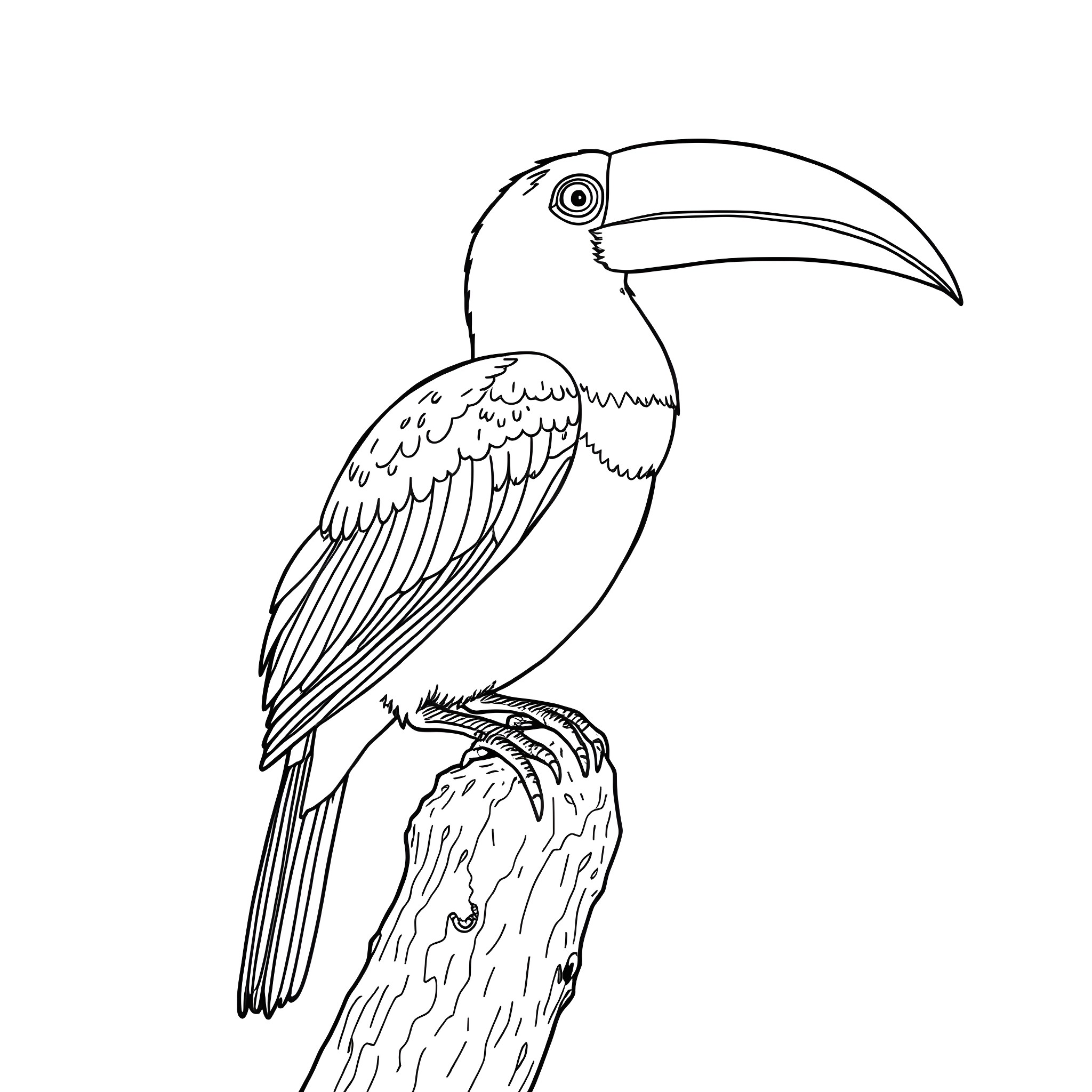 Toucanet perched on a tree branch Coloring Page (free black-and-white line drawing printable PDF for all, from beginners to advanced learners, including children, teens, adults, and seniors)