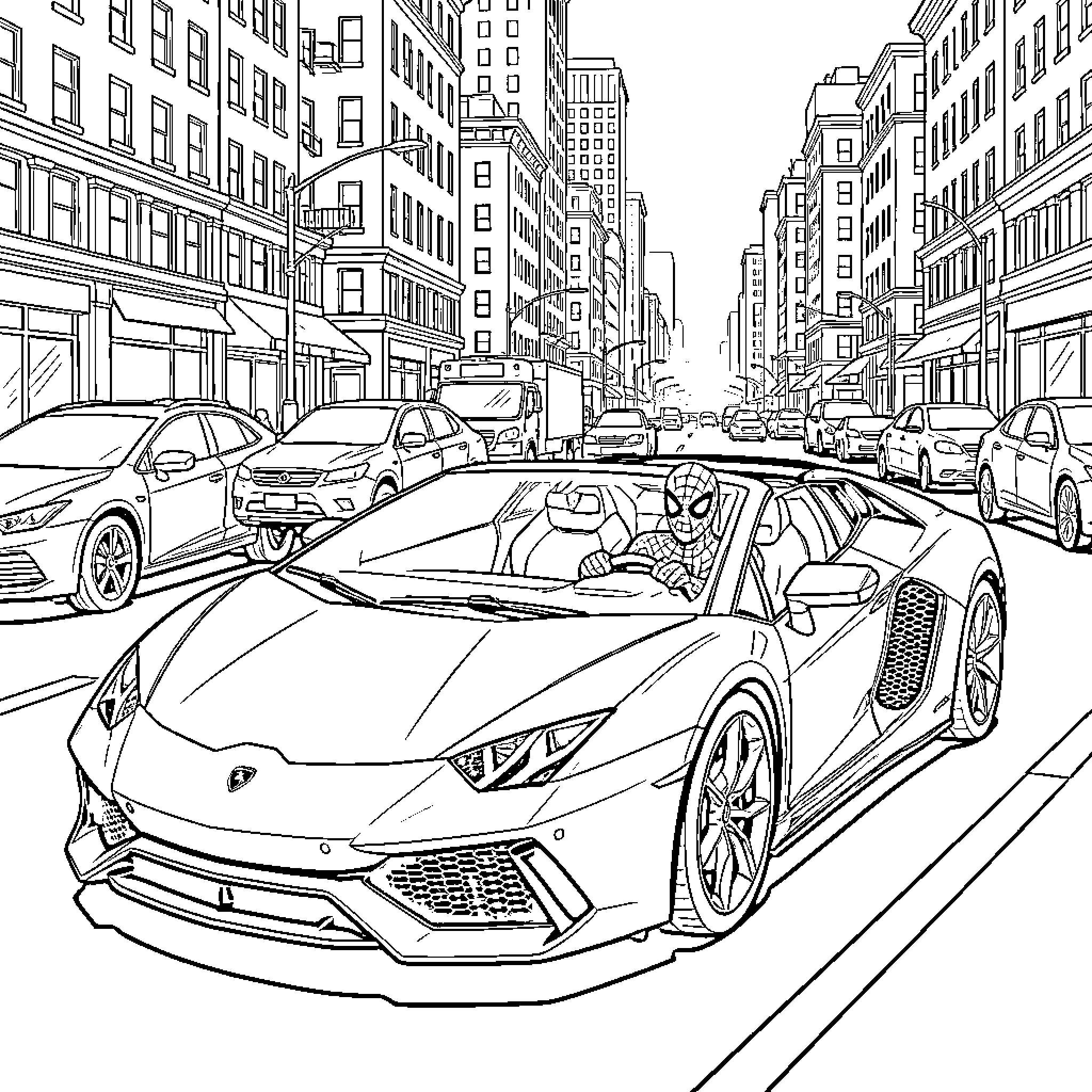 Spiderman racing through a busy city street Coloring Page (free black-and-white line drawing printable PDF for all, from beginners to advanced learners, including children, teens, adults, and seniors)