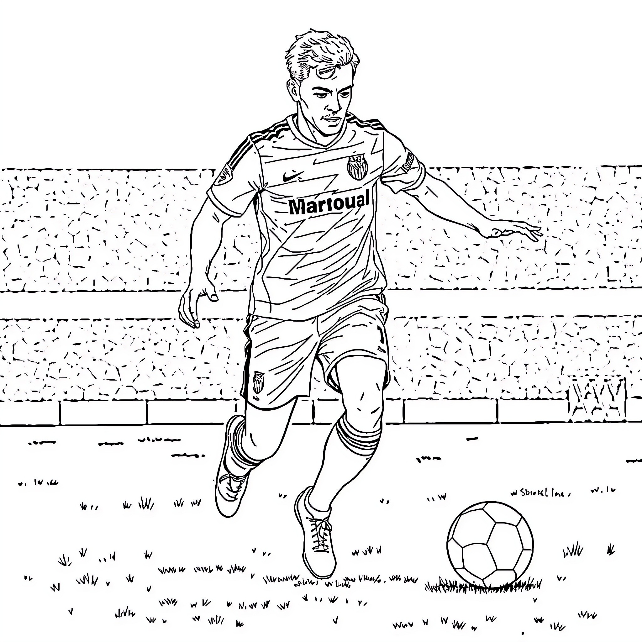 Football Player Running with Ball on the Field Coloring Page (free black-and-white line drawing printable PDF for all, from beginners to advanced learners, including children, teens, adults, and seniors)