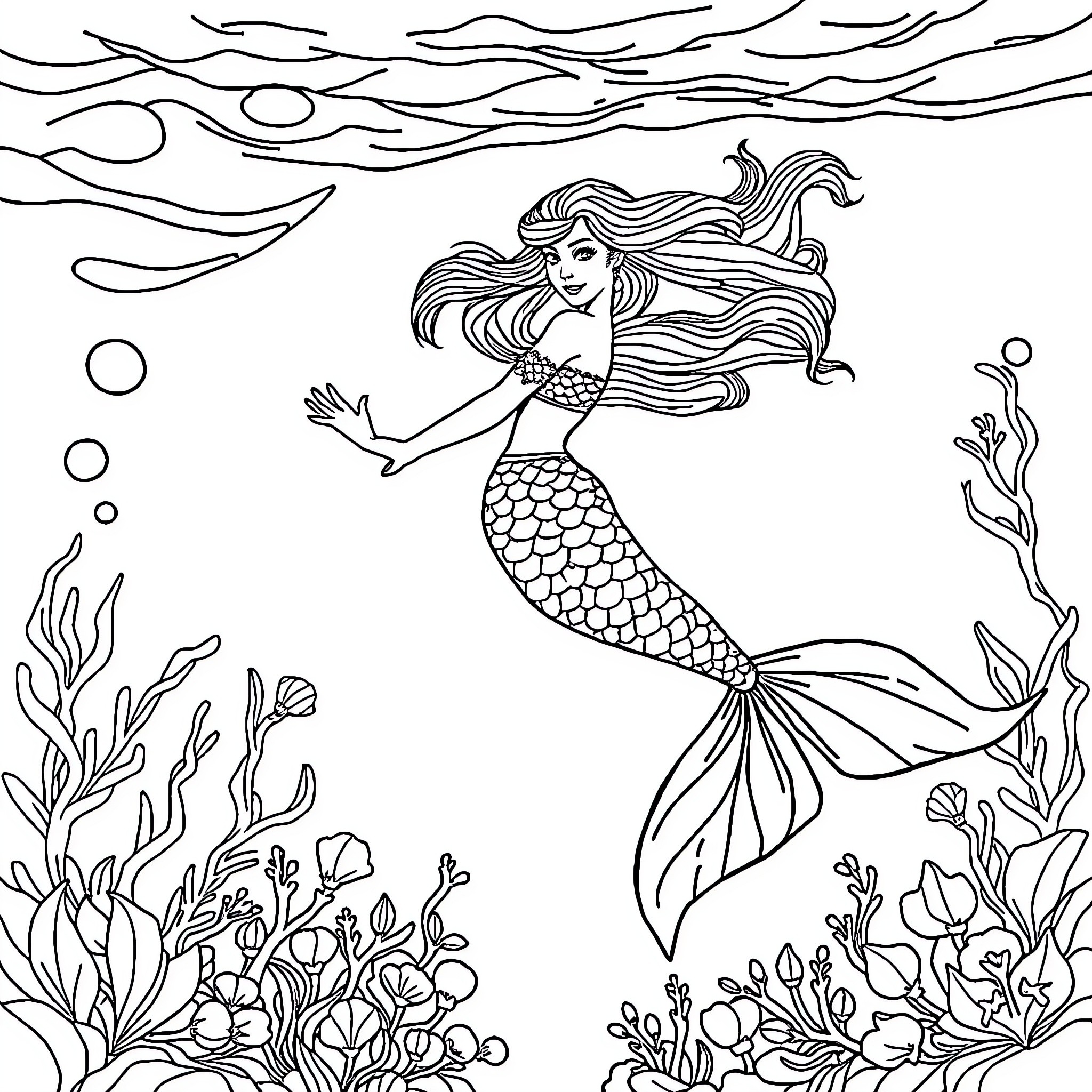 Mermaid Swimming Gracefully in the Underwater World Coloring Page (free black-and-white line drawing printable PDF for all, from beginners to advanced learners, including children, teens, adults, and seniors)