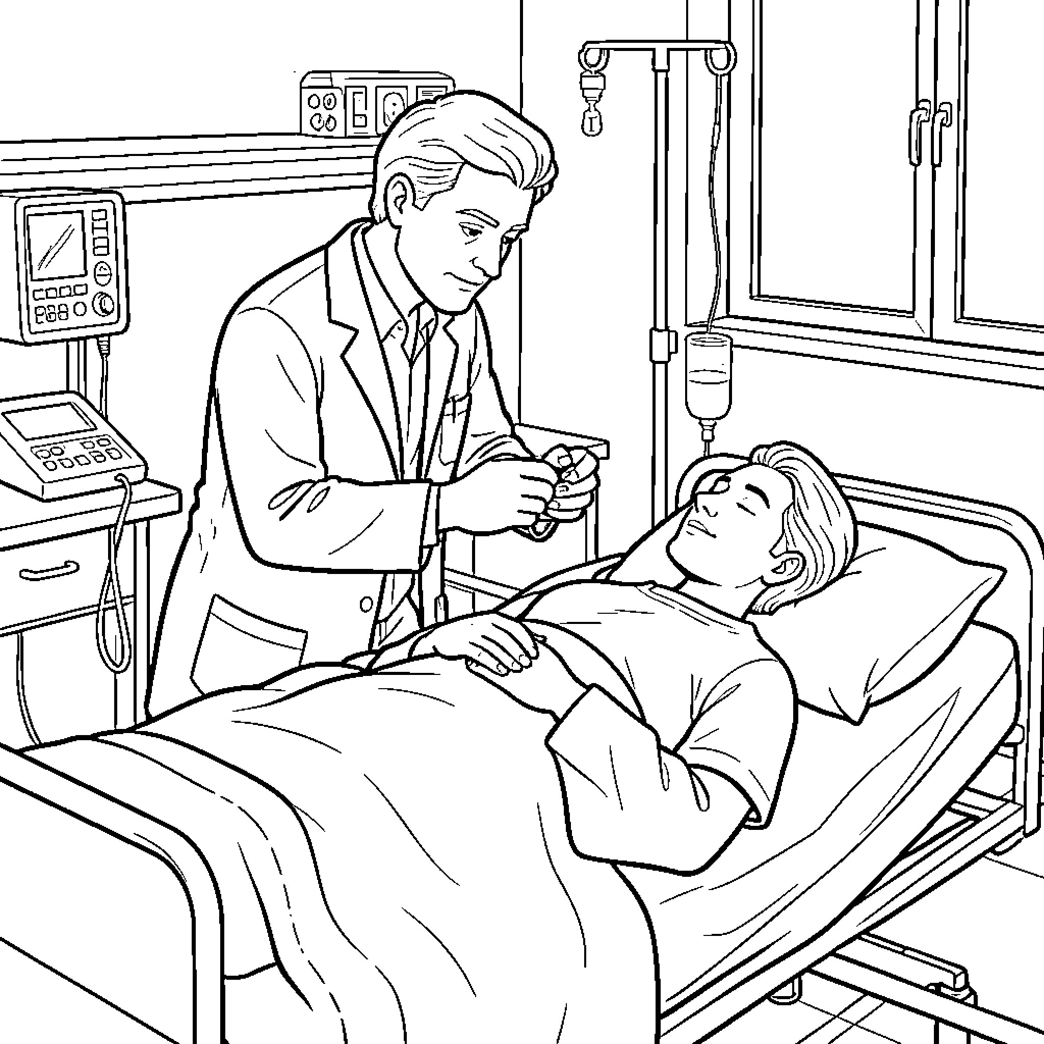 Doctor checking on a patient in a hospital bed Coloring Page (free black-and-white line drawing printable PDF for all, from beginners to advanced learners, including children, teens, adults, and seniors)