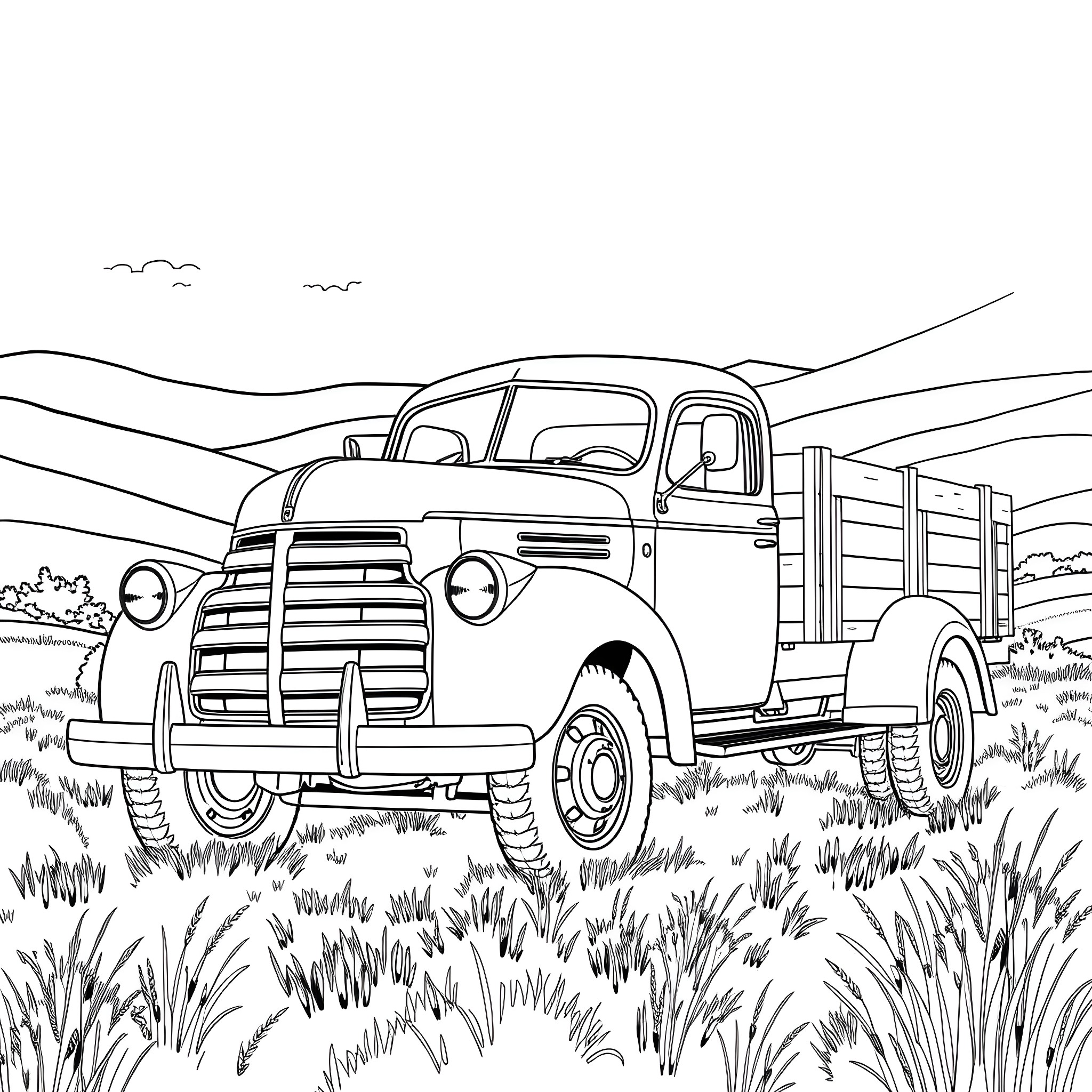Truck Transporting Cargo in Rural Landscape Coloring Page (free black-and-white line drawing printable PDF for all, from beginners to advanced learners, including children, teens, adults, and seniors)