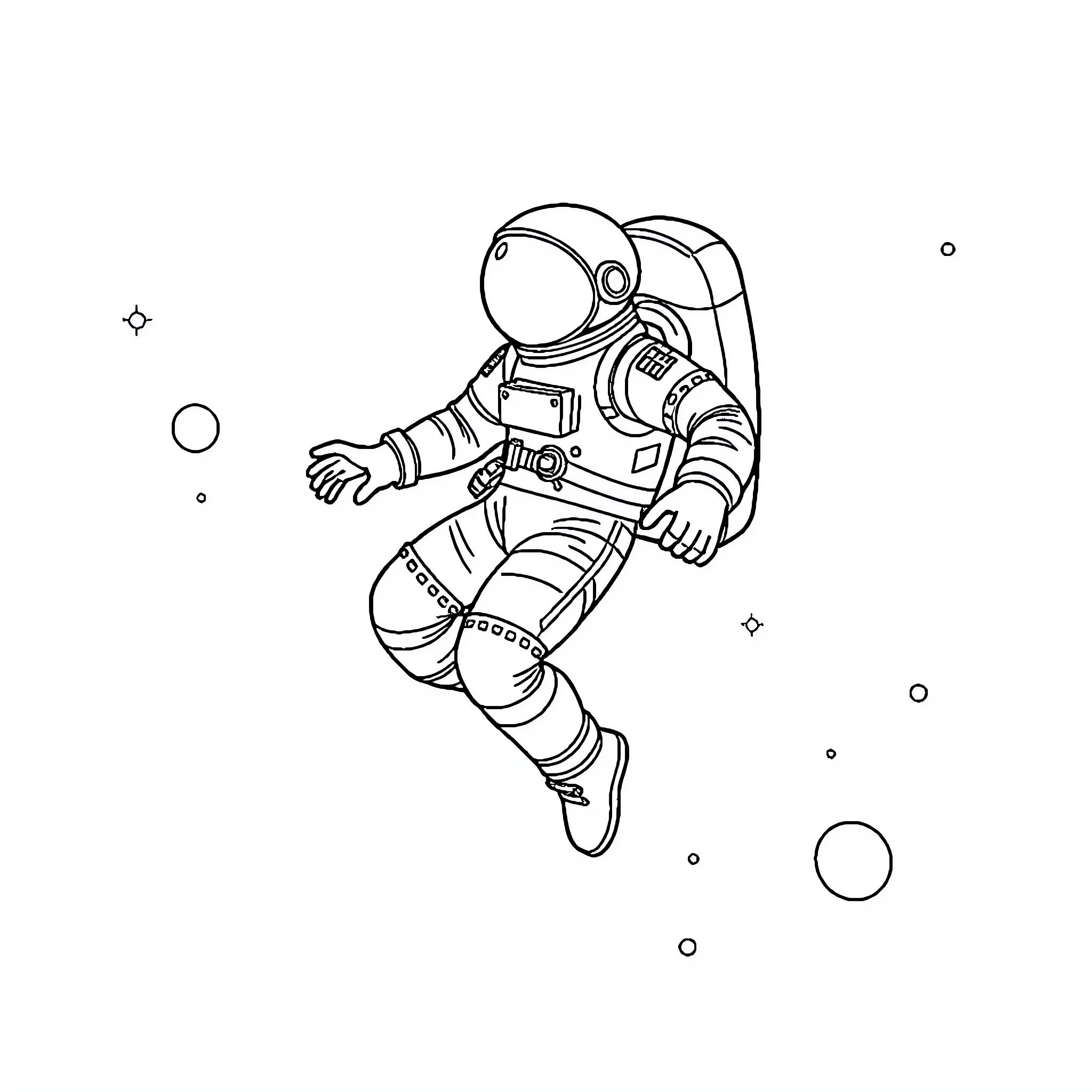 Astronaut floating gracefully in space Coloring Page (free black-and-white line drawing printable PDF for all, from beginners to advanced learners, including children, teens, adults, and seniors)