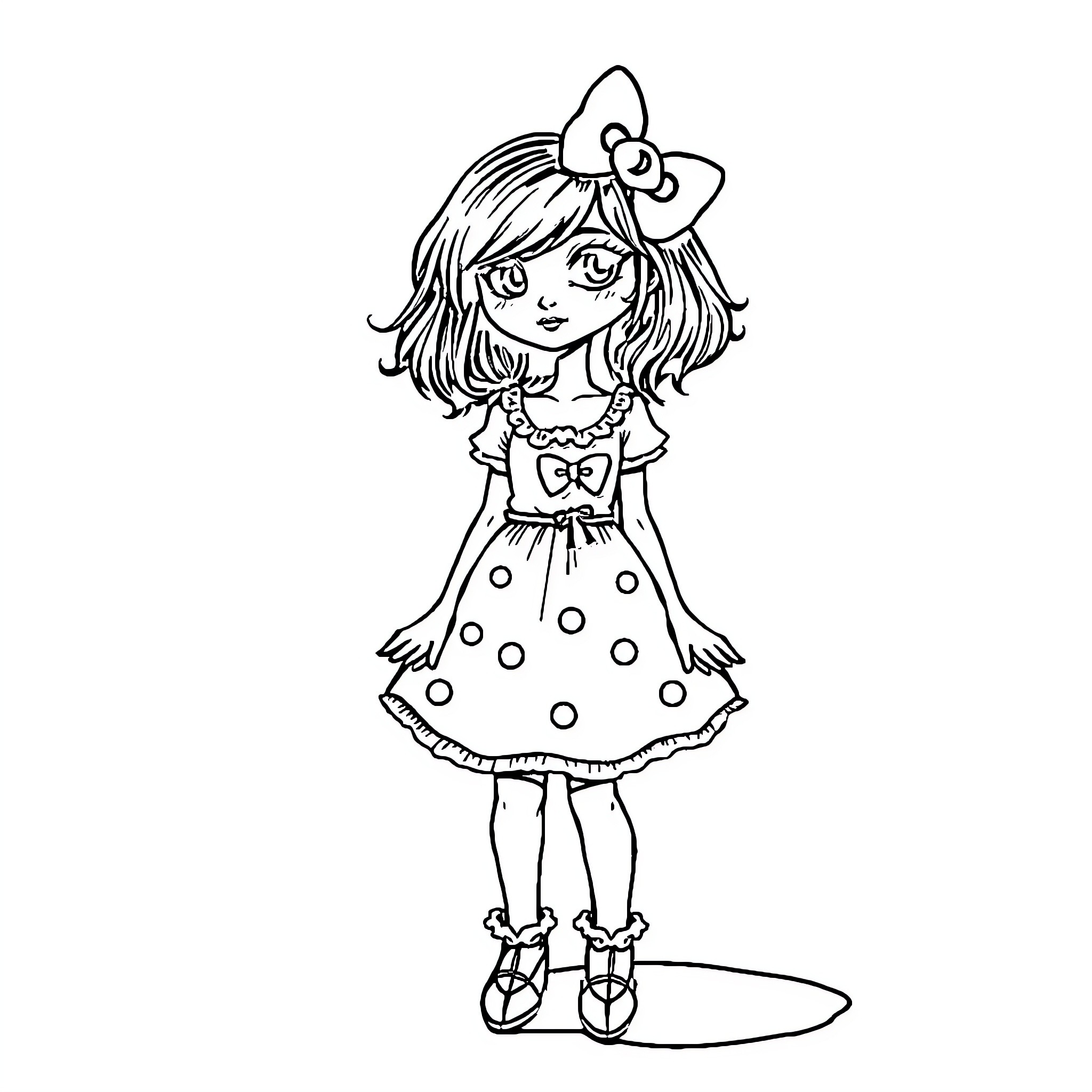 Wednesday's Playful Polka Dot Dress Coloring Page (free black-and-white line drawing printable PDF for all, from beginners to advanced learners, including children, teens, adults, and seniors)