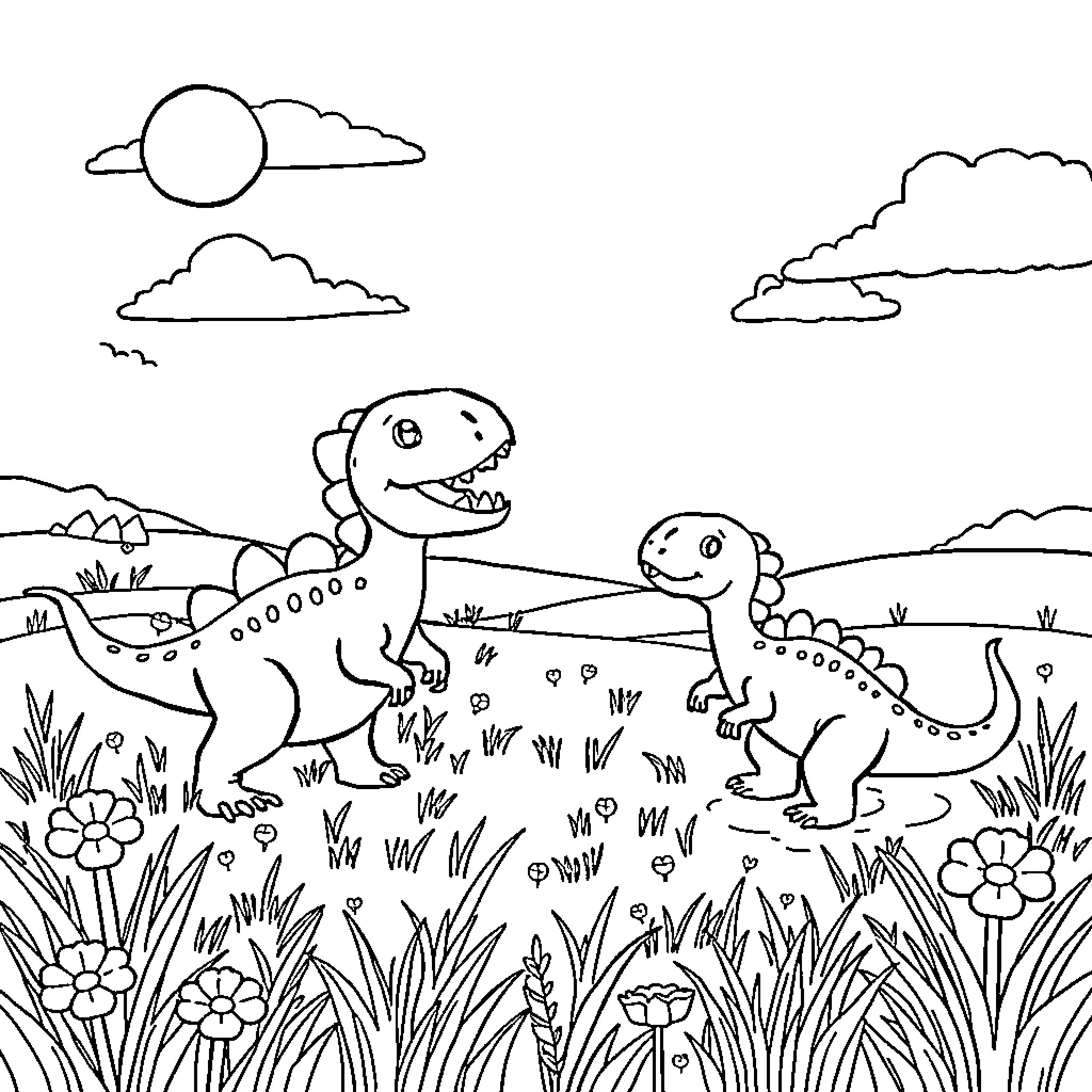 Dinosaurs exploring scenic nature landscape Coloring Page (free black-and-white line drawing printable PDF for all, from beginners to advanced learners, including children, teens, adults, and seniors)