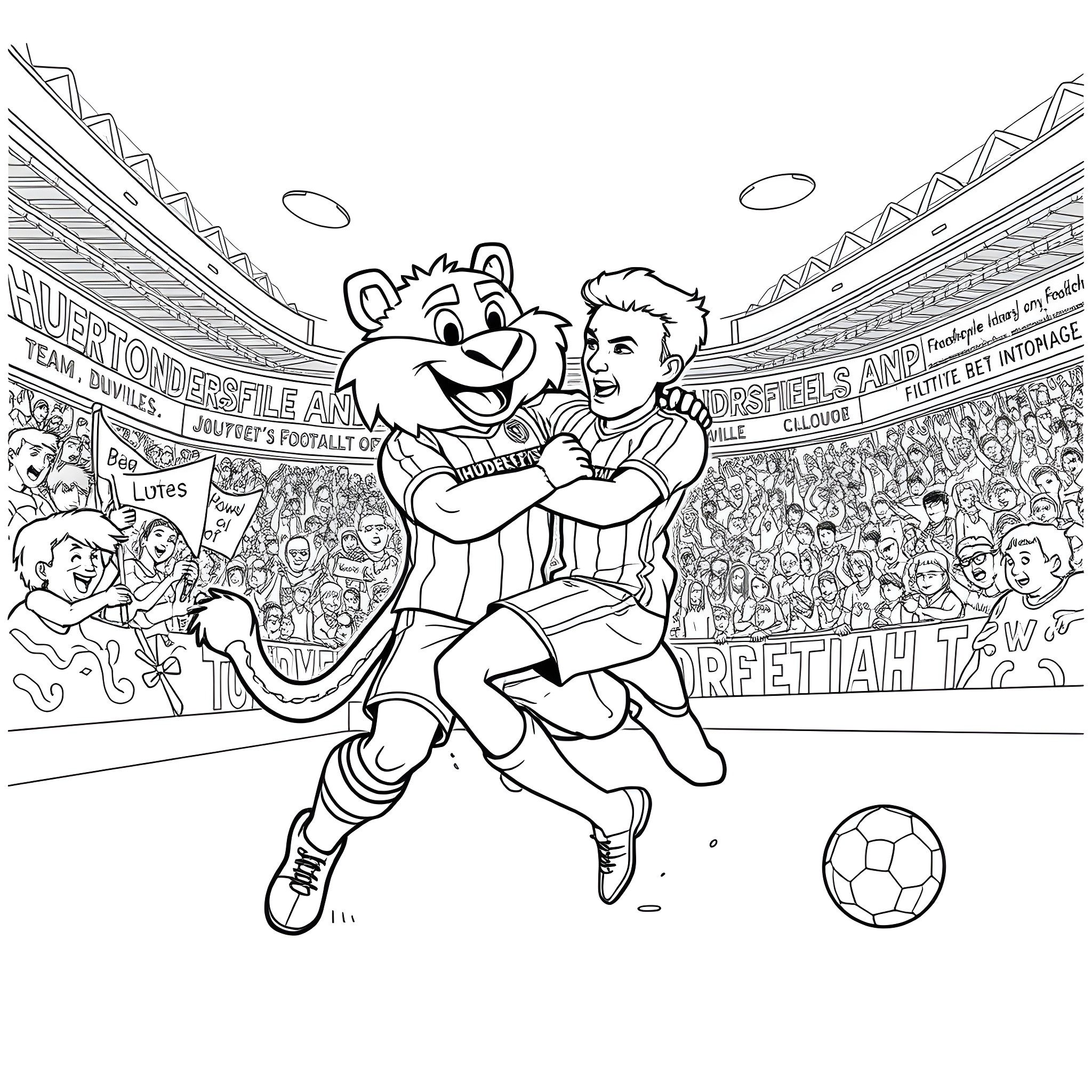 Mascot embracing player on soccer field Coloring Page (free black-and-white line drawing printable PDF for all, from beginners to advanced learners, including children, teens, adults, and seniors)