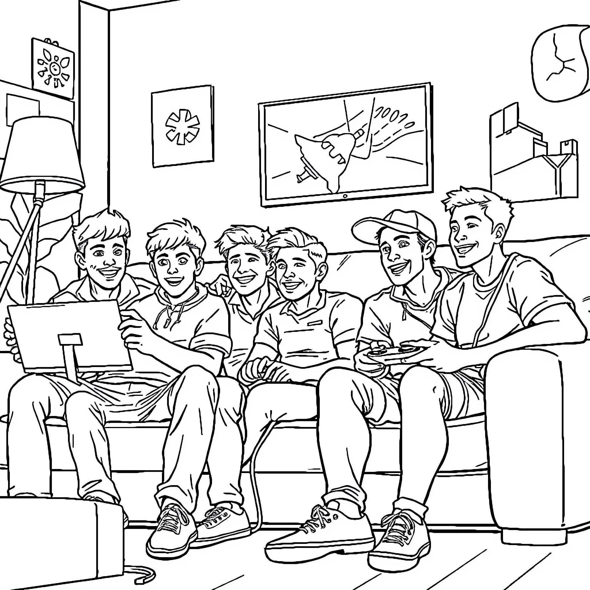 Guy friends enjoying video game together Coloring Page (free black-and-white line drawing printable PDF for all, from beginners to advanced learners, including children, teens, adults, and seniors)
