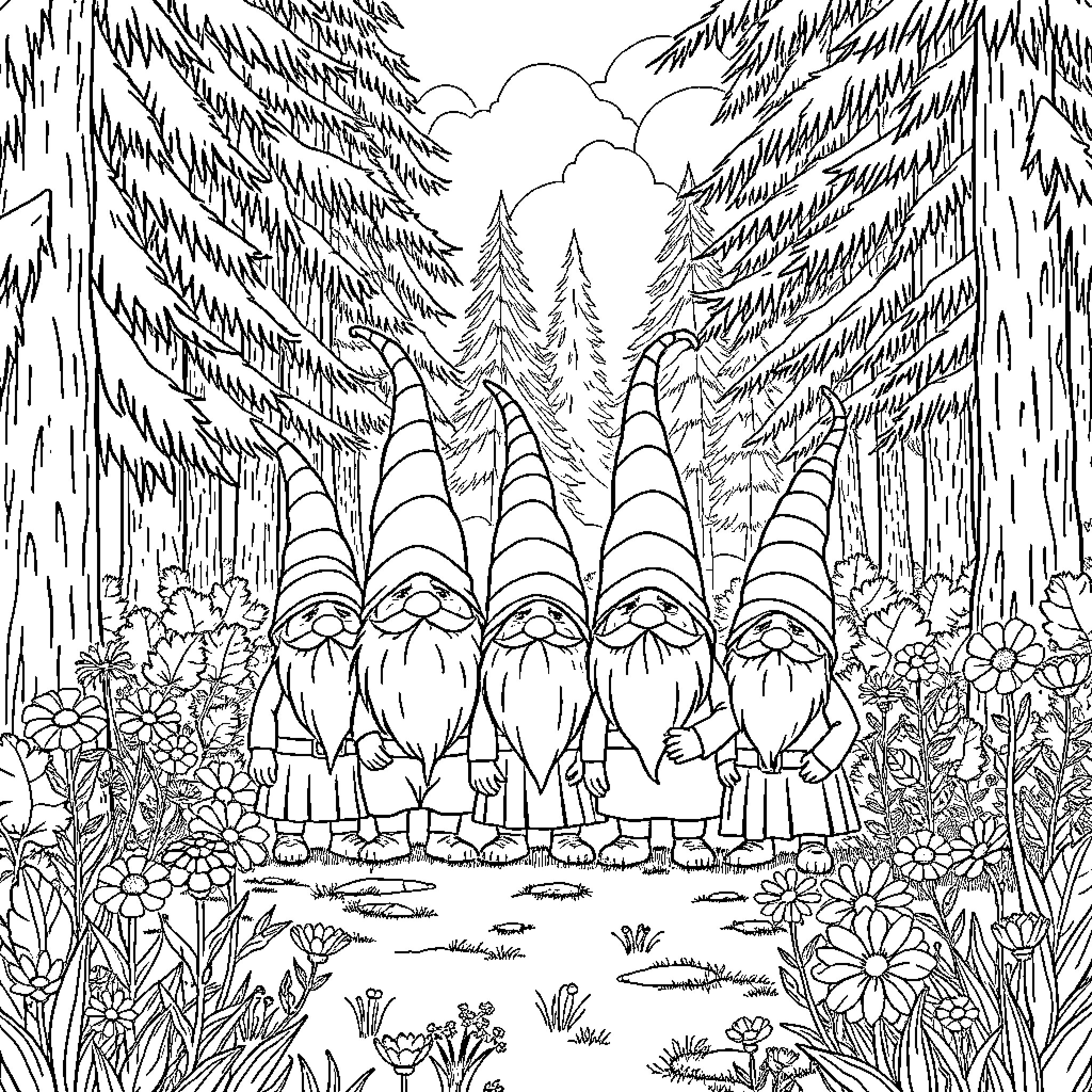 Gnome Gathering in the Enchanted Forest Coloring Page (free black-and-white line drawing printable PDF for all, from beginners to advanced learners, including children, teens, adults, and seniors)