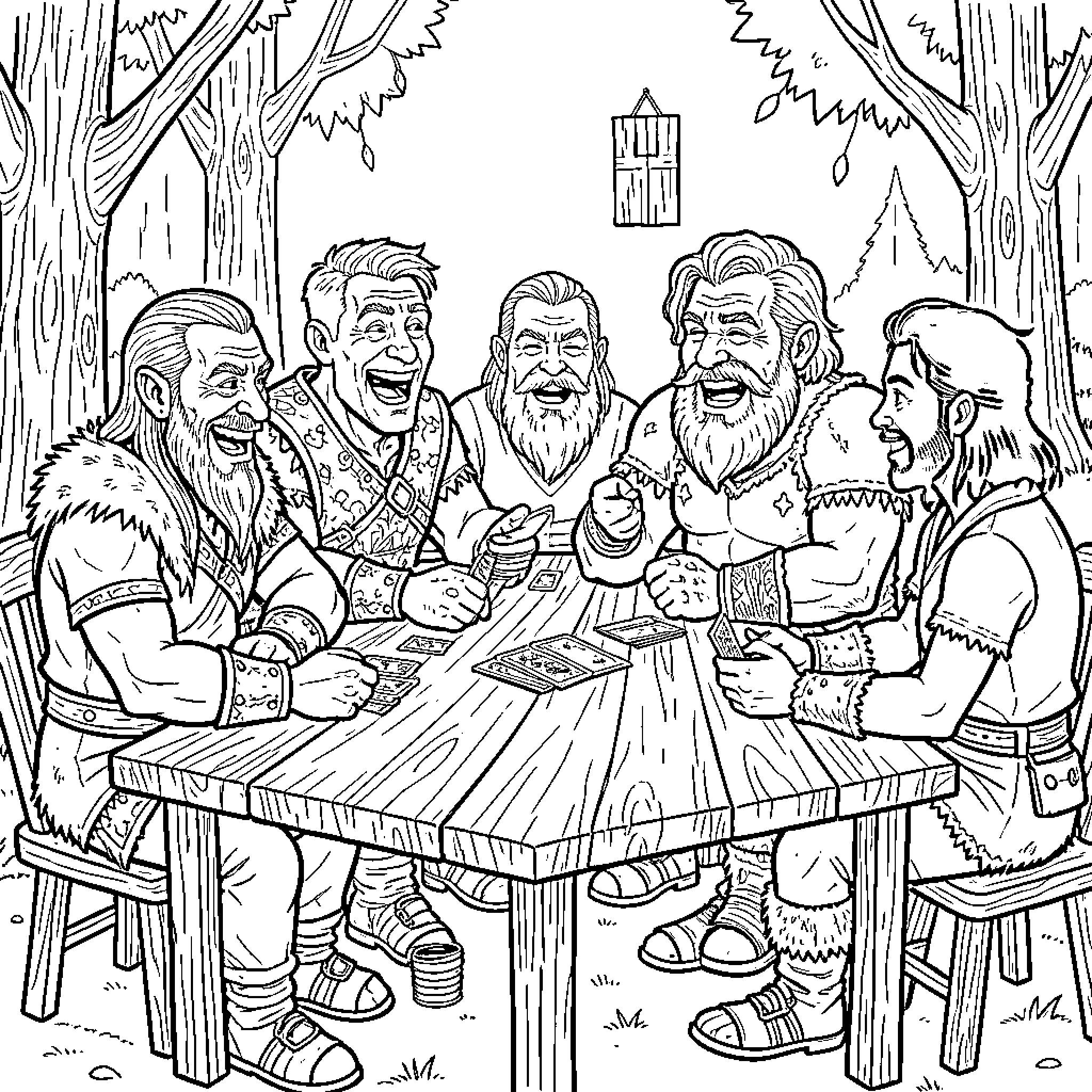 Orc warriors enjoying a festive gathering in the forest Coloring Page (free black-and-white line drawing printable PDF for all, from beginners to advanced learners, including children, teens, adults, and seniors)