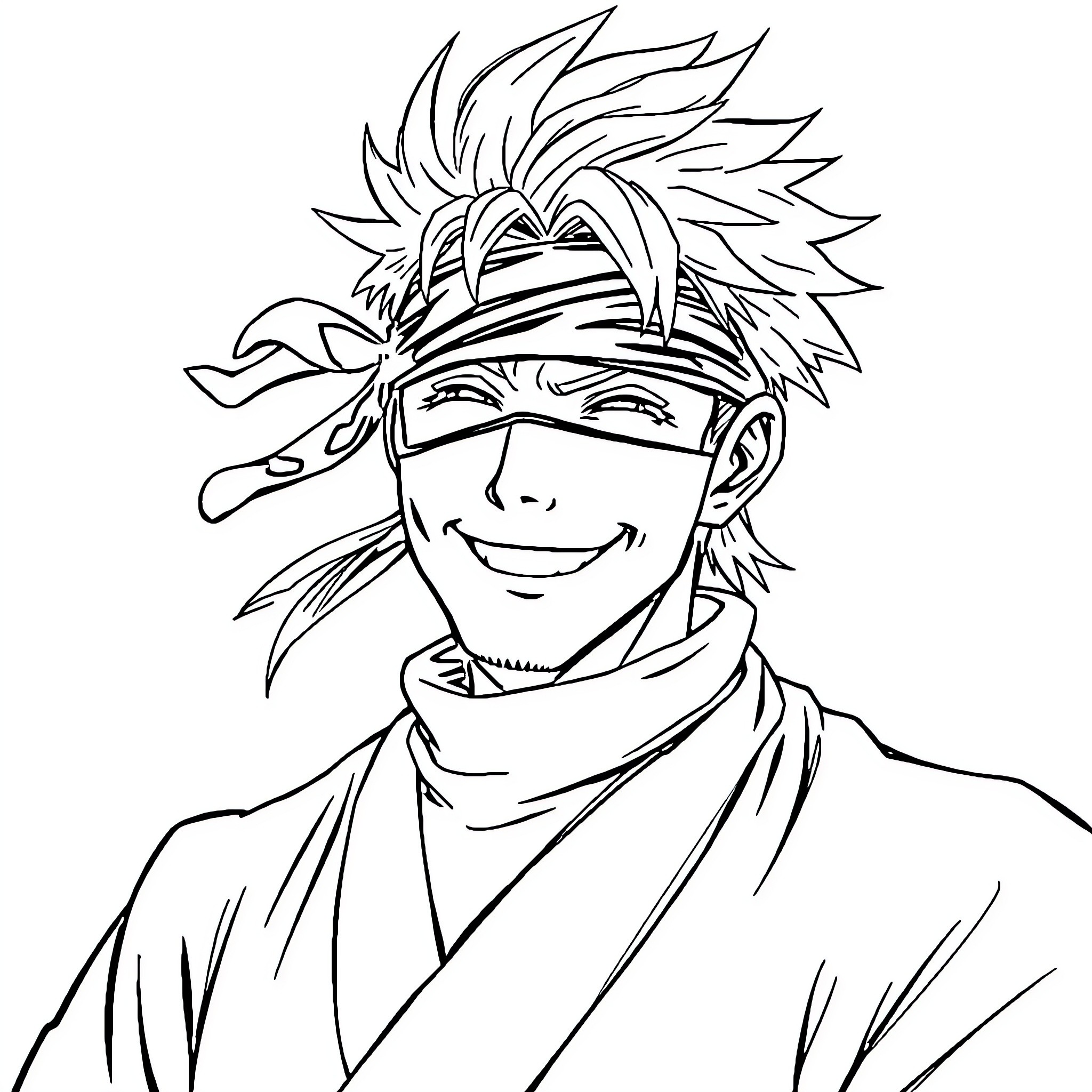 Satoru Gojo's Confident and Mischievous Expression Coloring Page (free black-and-white line drawing printable PDF for all, from beginners to advanced learners, including children, teens, adults, and seniors)