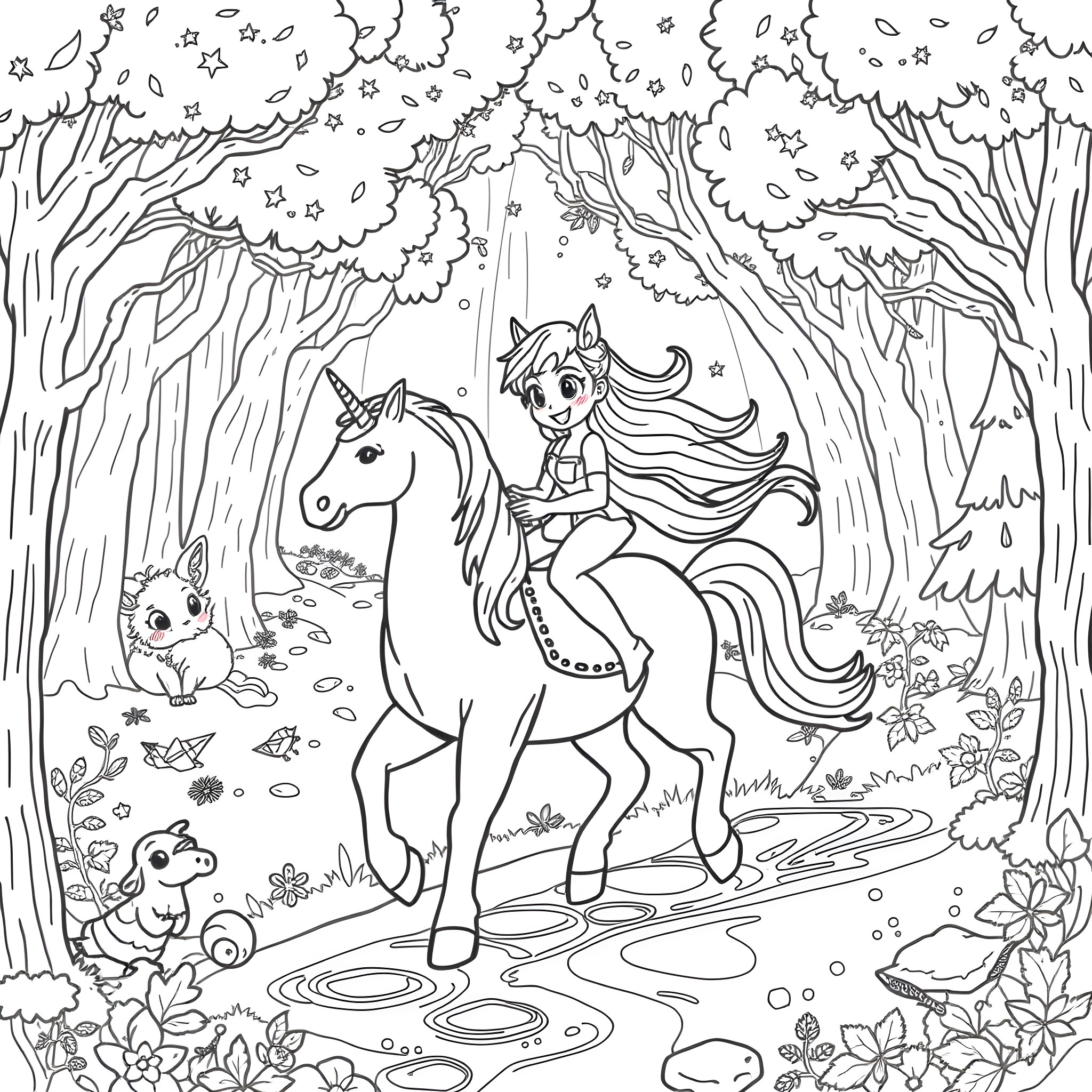 Bluey's Enchanted Forest Adventure Coloring Page (free black-and-white line drawing printable PDF for all, from beginners to advanced learners, including children, teens, adults, and seniors)