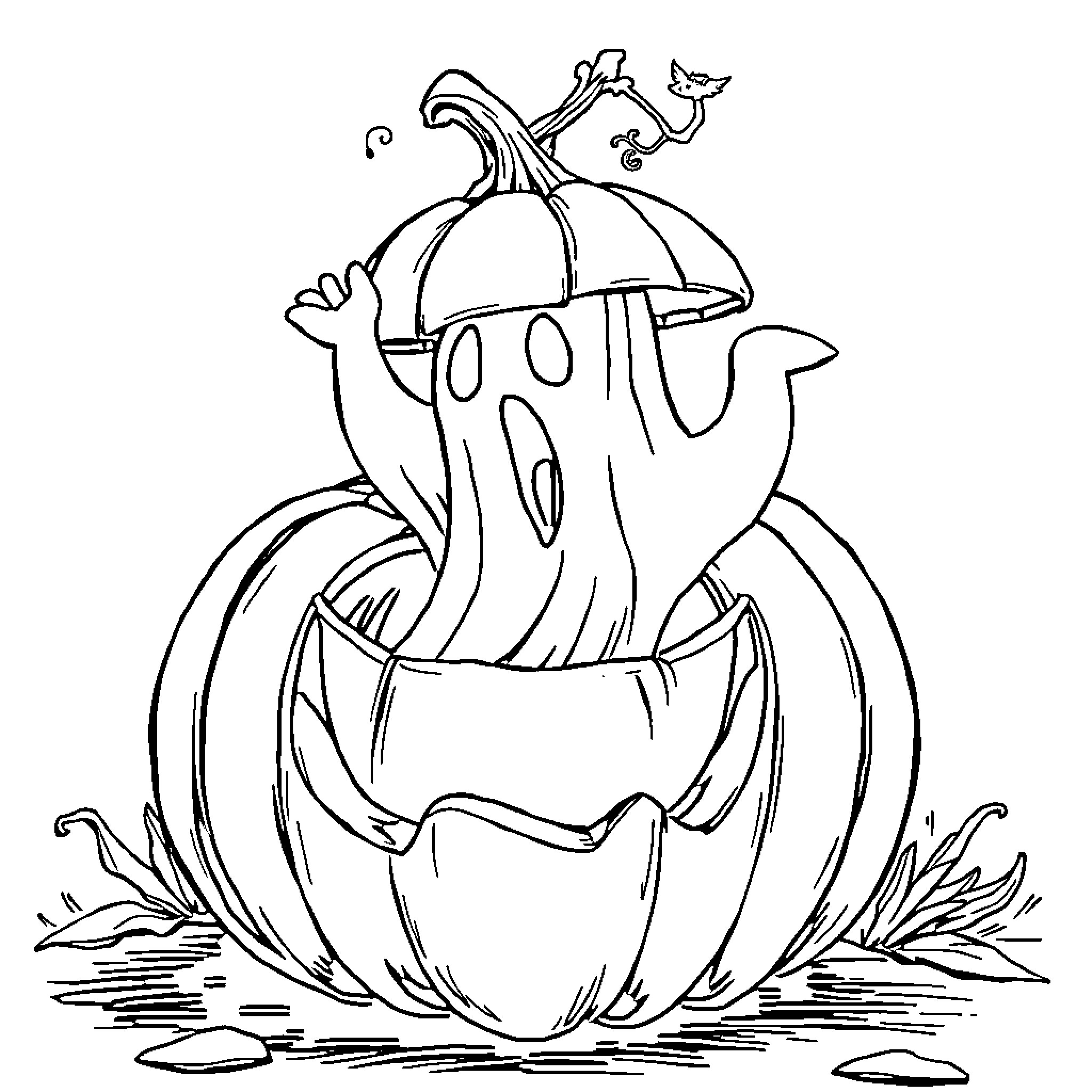 Ghost pumpkin with curious critters Coloring Page (free black-and-white line drawing printable PDF for all, from beginners to advanced learners, including children, teens, adults, and seniors)