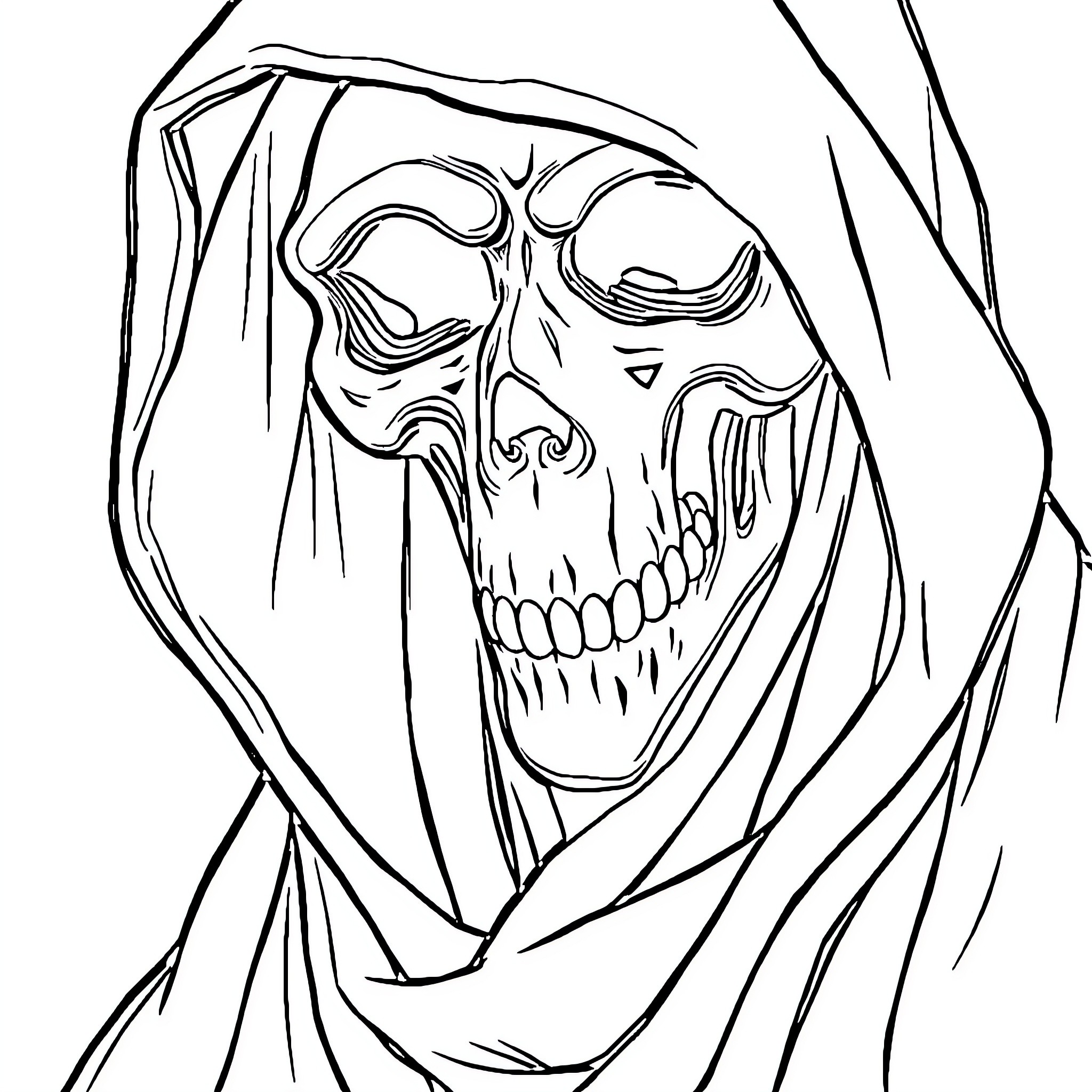 Grim Reaper's Sinister Visage Coloring Page (free black-and-white line drawing printable PDF for all, from beginners to advanced learners, including children, teens, adults, and seniors)