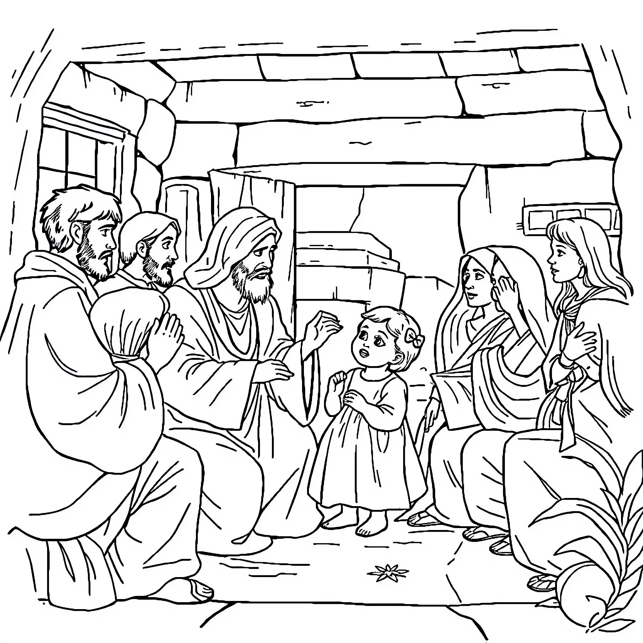 Jesus teaching and blessing children in the village Coloring Page (free black-and-white line drawing printable PDF for all, from beginners to advanced learners, including children, teens, adults, and seniors)