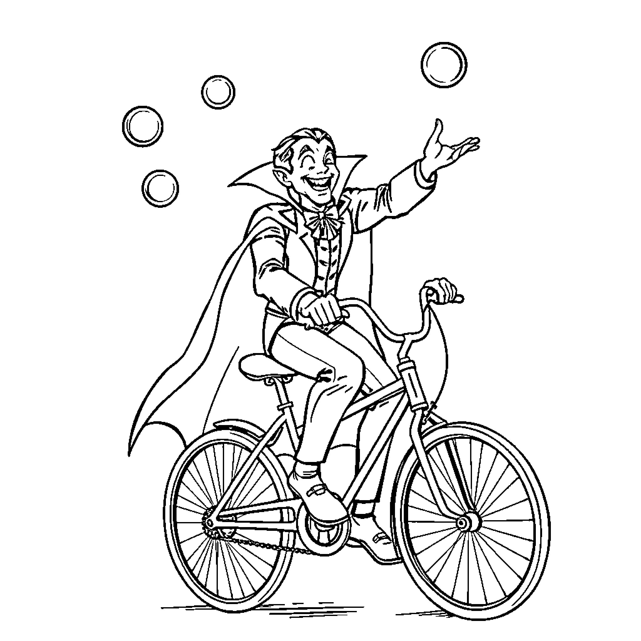 Dracula riding a bicycle with bubbles Coloring Page (free black-and-white line drawing printable PDF for all, from beginners to advanced learners, including children, teens, adults, and seniors)