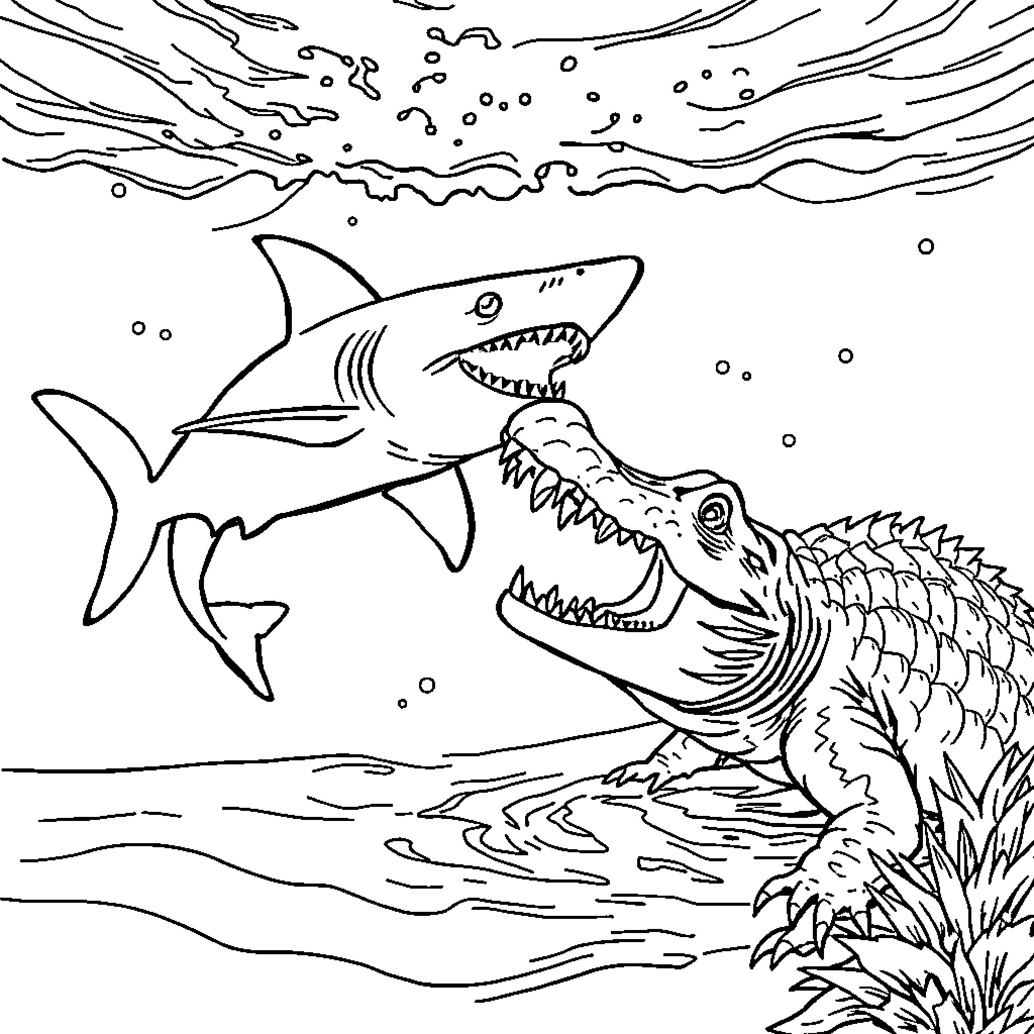 Shark chasing prey in the ocean Coloring Page (free black-and-white line drawing printable PDF for all, from beginners to advanced learners, including children, teens, adults, and seniors)