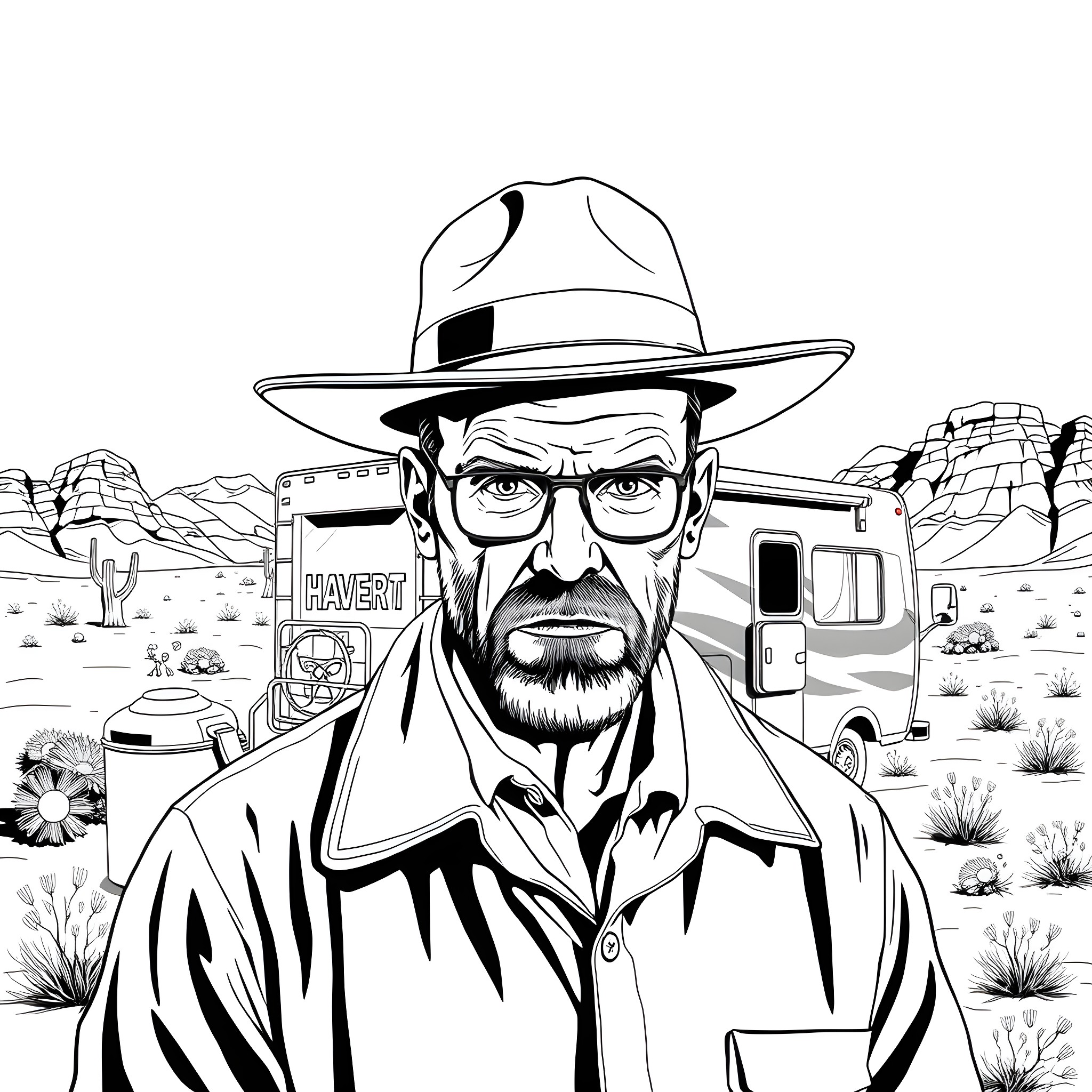 Breaking Bad's Walter White in the Southwestern Desert Landscape Coloring Page (free black-and-white line drawing printable PDF for all, from beginners to advanced learners, including children, teens, adults, and seniors)
