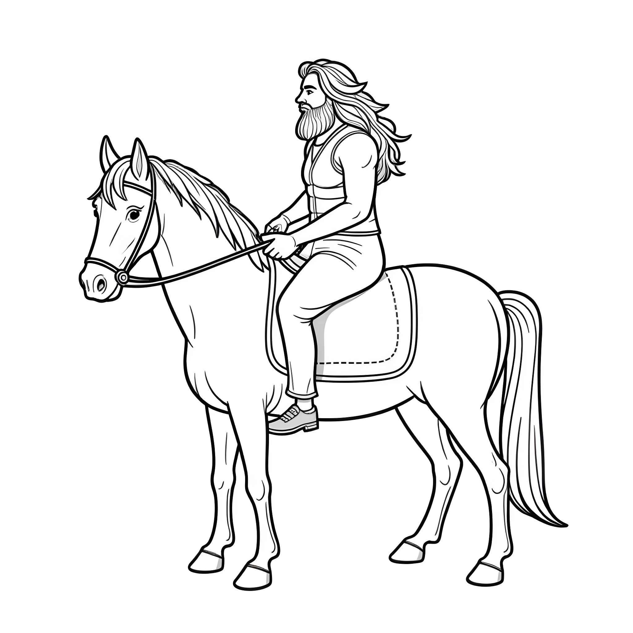 Man riding a horse in the park Coloring Page (free black-and-white line drawing printable PDF for all, from beginners to advanced learners, including children, teens, adults, and seniors)