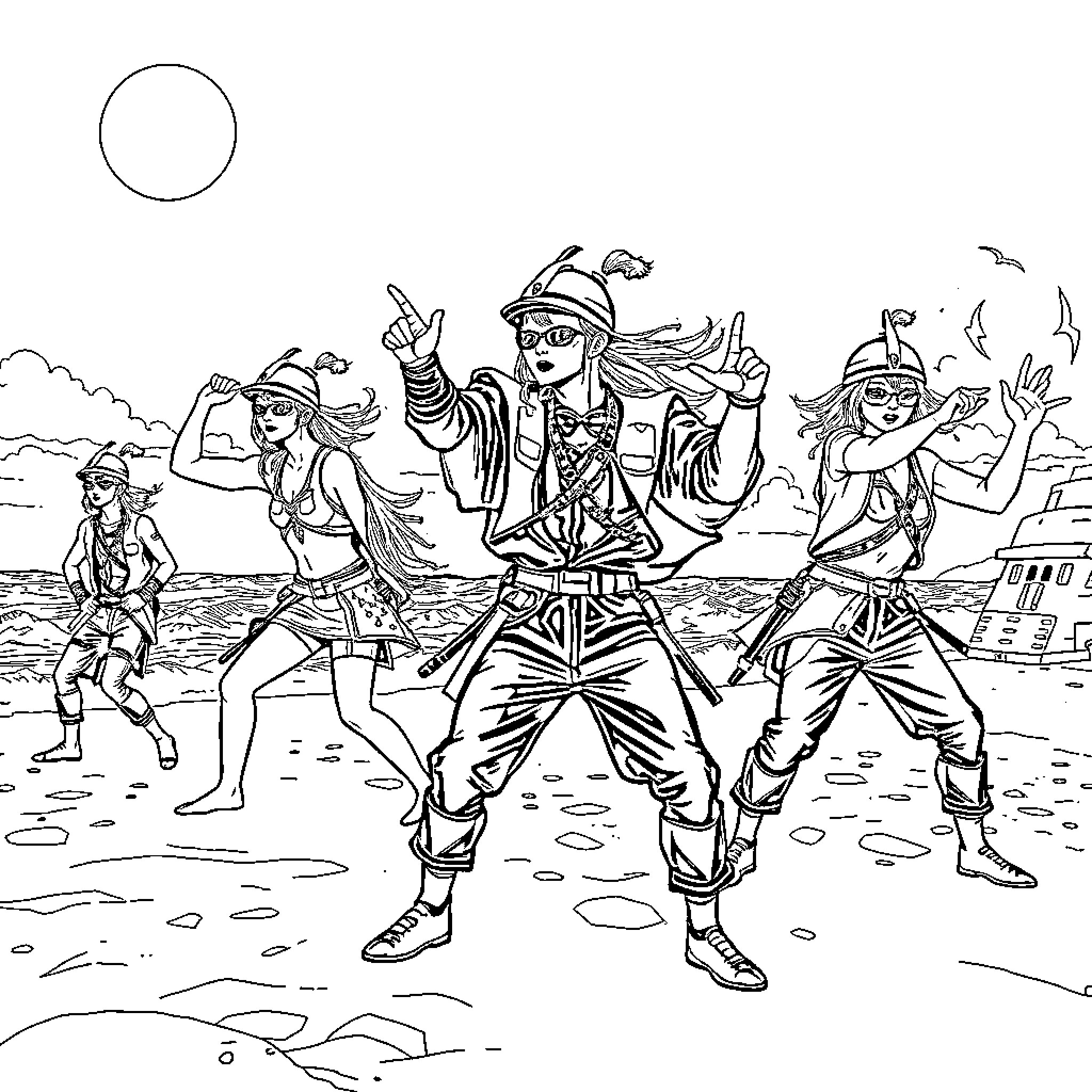 Warrior pirates engaging in lively action on the high seas Coloring Page (free black-and-white line drawing printable PDF for all, from beginners to advanced learners, including children, teens, adults, and seniors)