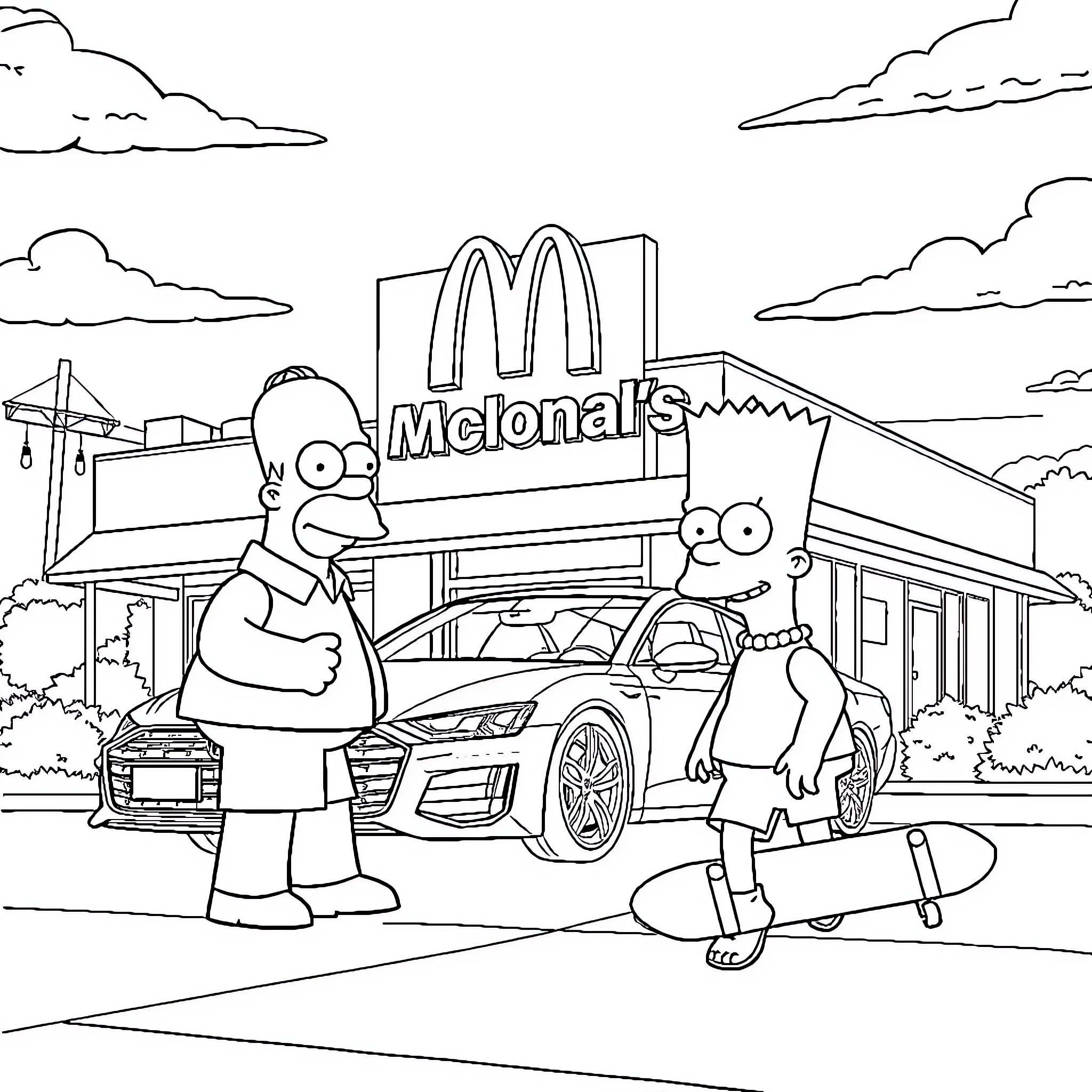 Simpson characters visit McDonald's restaurant Coloring Page (free black-and-white line drawing printable PDF for all, from beginners to advanced learners, including children, teens, adults, and seniors)