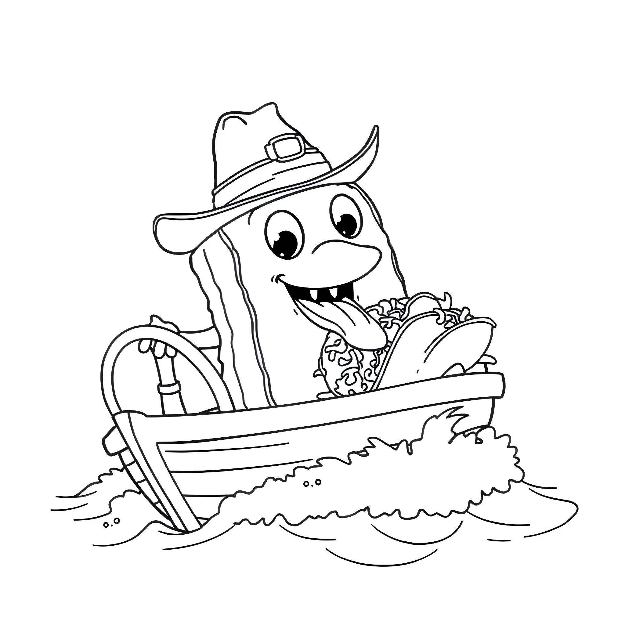 Tuna Fish sailing in a boat with a hat Coloring Page (free black-and-white line drawing printable PDF for all, from beginners to advanced learners, including children, teens, adults, and seniors)