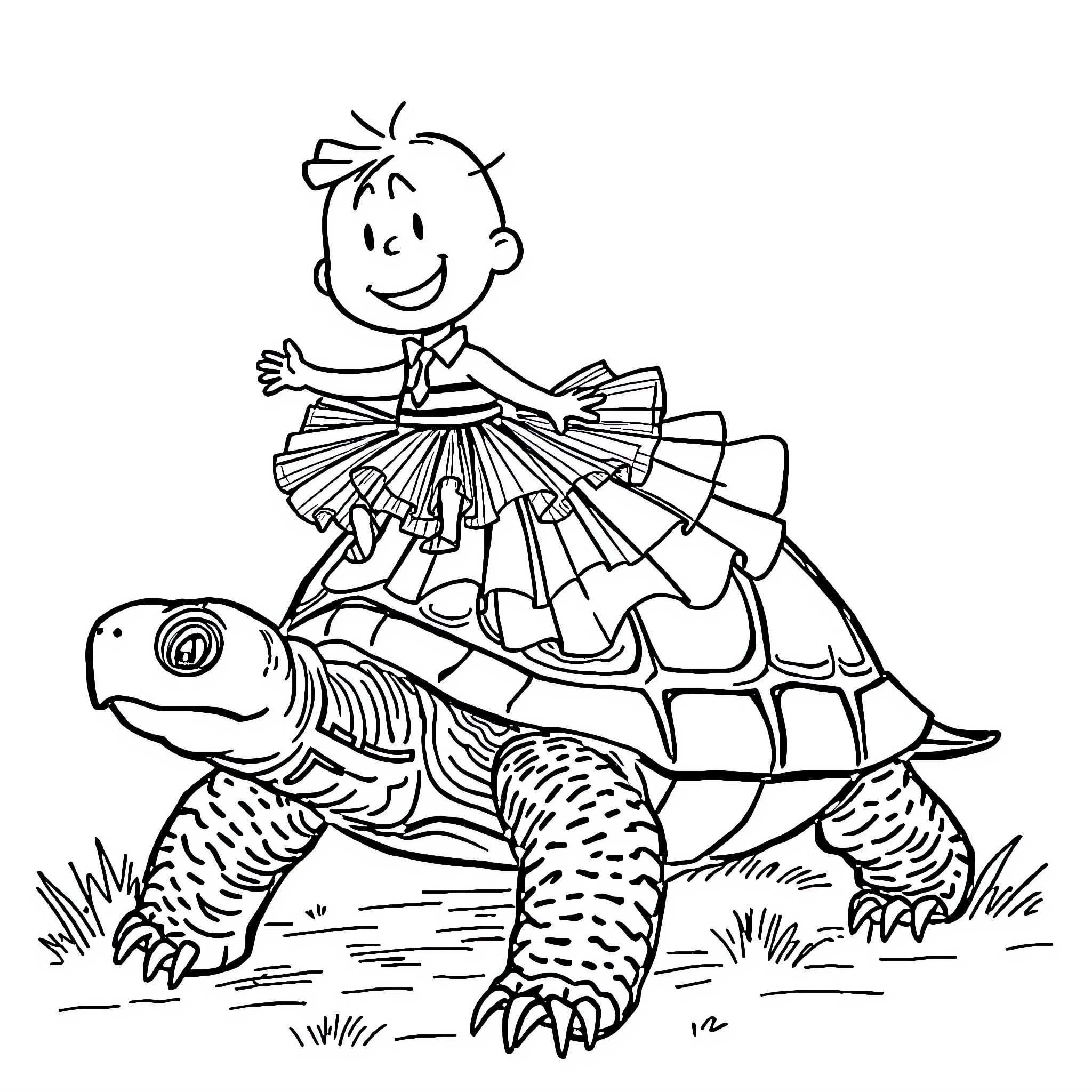 Dr. Brown's Playful Ride on a Tortoise Coloring Page (free black-and-white line drawing printable PDF for all, from beginners to advanced learners, including children, teens, adults, and seniors)