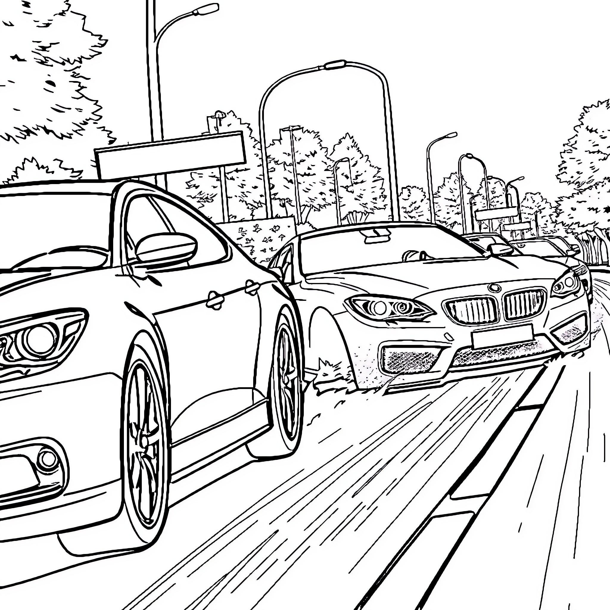Cars driving on the city street Coloring Page (free black-and-white line drawing printable PDF for all, from beginners to advanced learners, including children, teens, adults, and seniors)